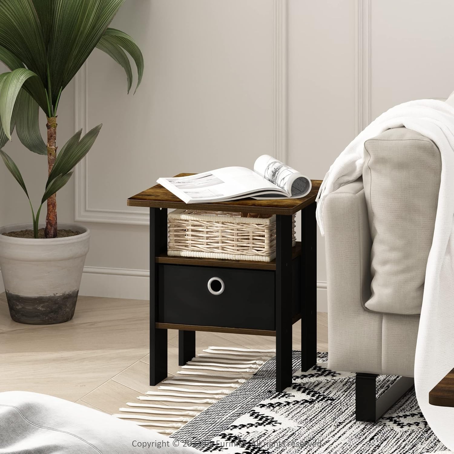 Stylish ANDREY Night Stand with Open Shelves & Bin – Space-Saving 16″ Design
