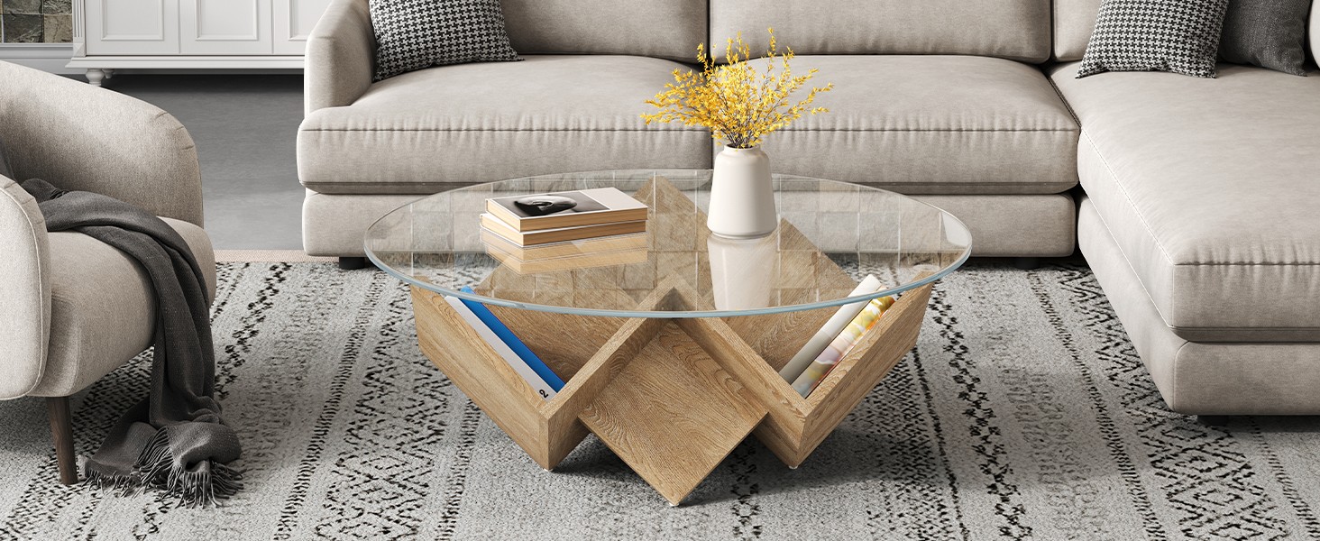 Modern Round Coffee Table with Tempered Glass Top and Geometric Art Deco Storage