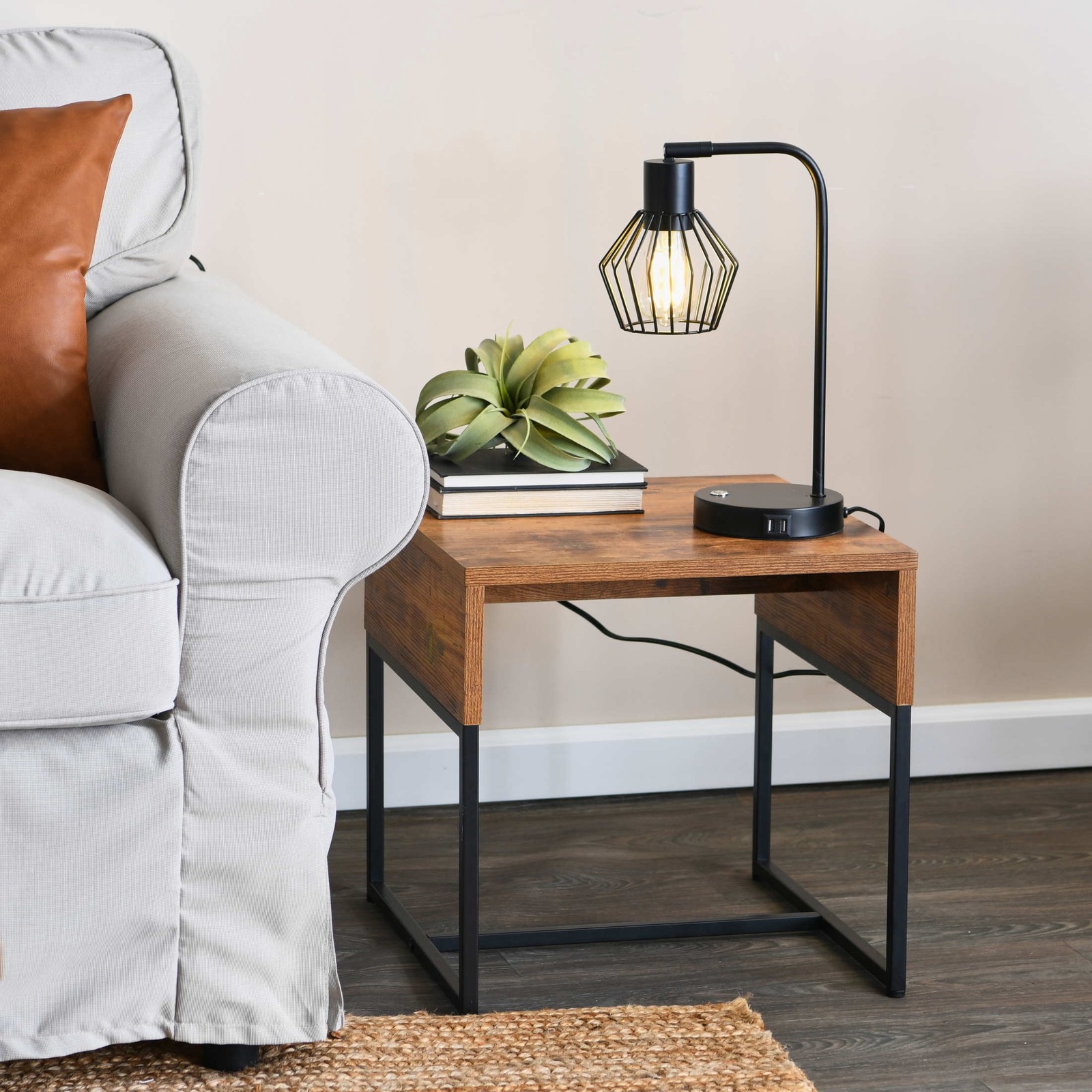 Night Stand Side End Table Bedroom Living Room Rustic Wood Grain & Black Metal