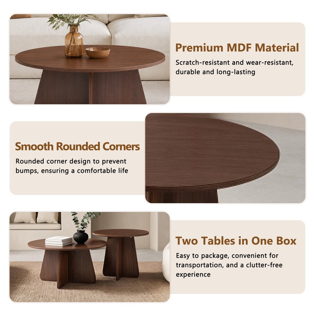 Retro Nesting Coffee Table Set, Round Side Tables with Wood Legs