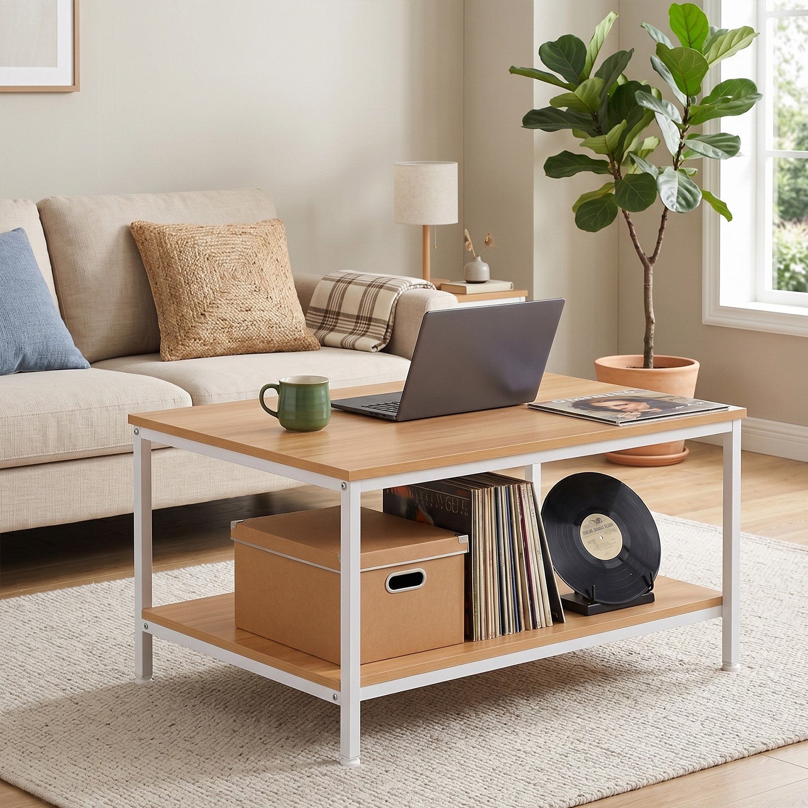 31″ Natural Wood Coffee Table Rectangular Coffee Table w/Storage Shelf Durable