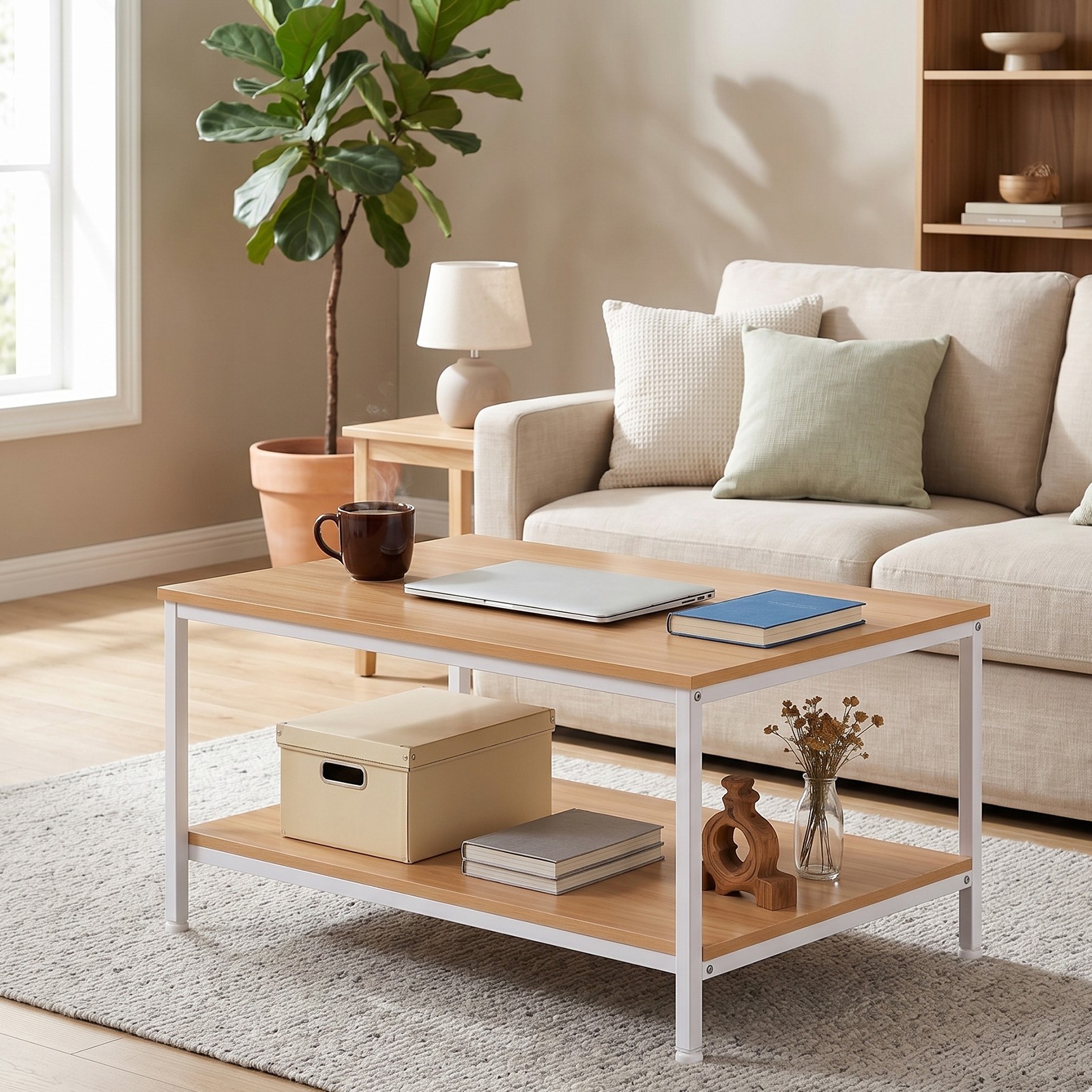31″ Natural Wood Coffee Table Rectangular Coffee Table w/Storage Shelf Durable