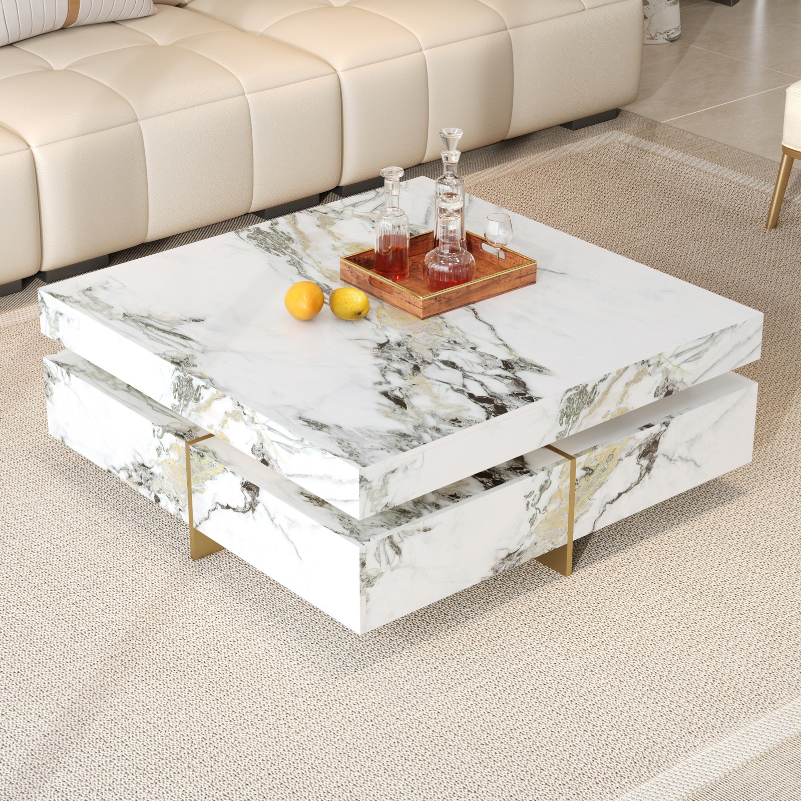 Modern White Square Marble Coffee Table with 4 Drawers, 43.3″