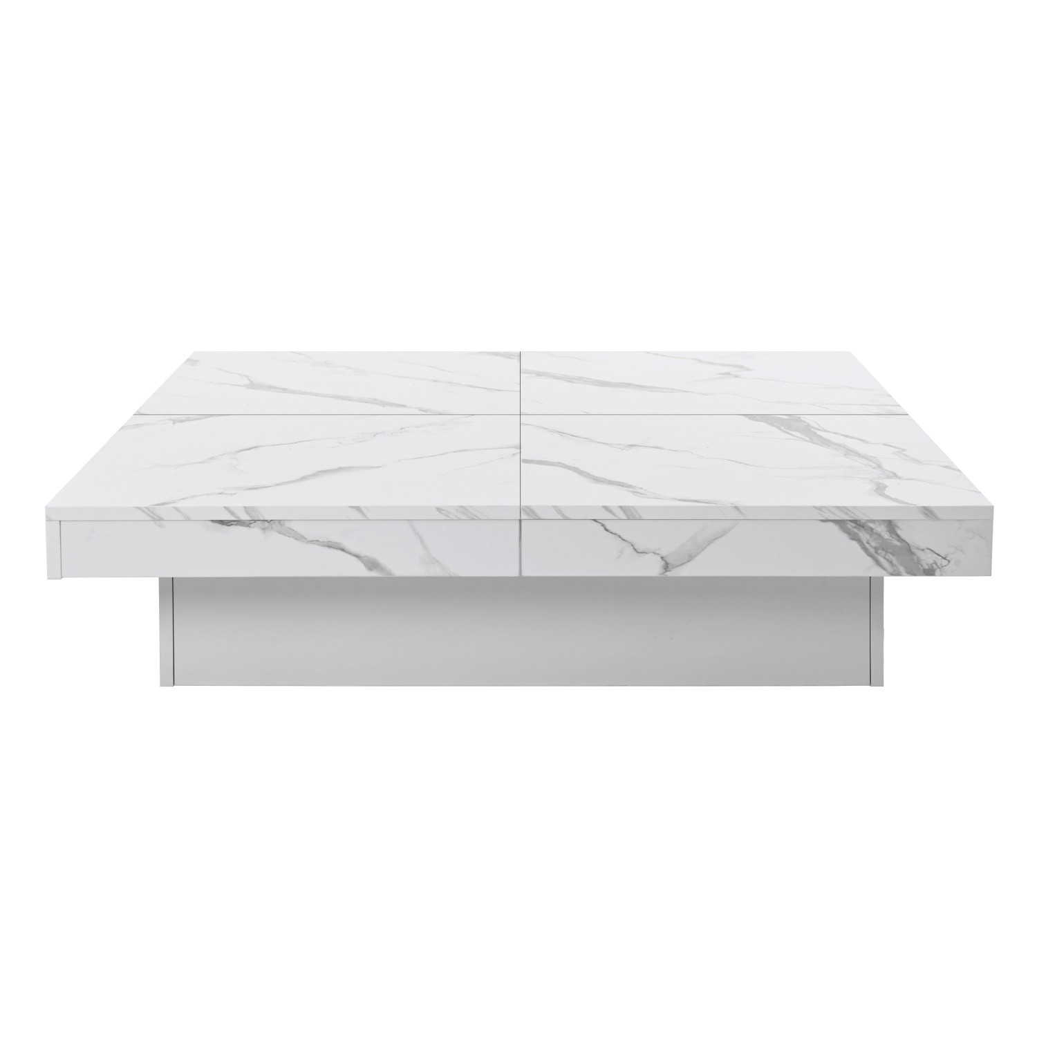 Modern Square Cocktail Coffee Table w/ White Marble Sliding Top & Hidden Storage