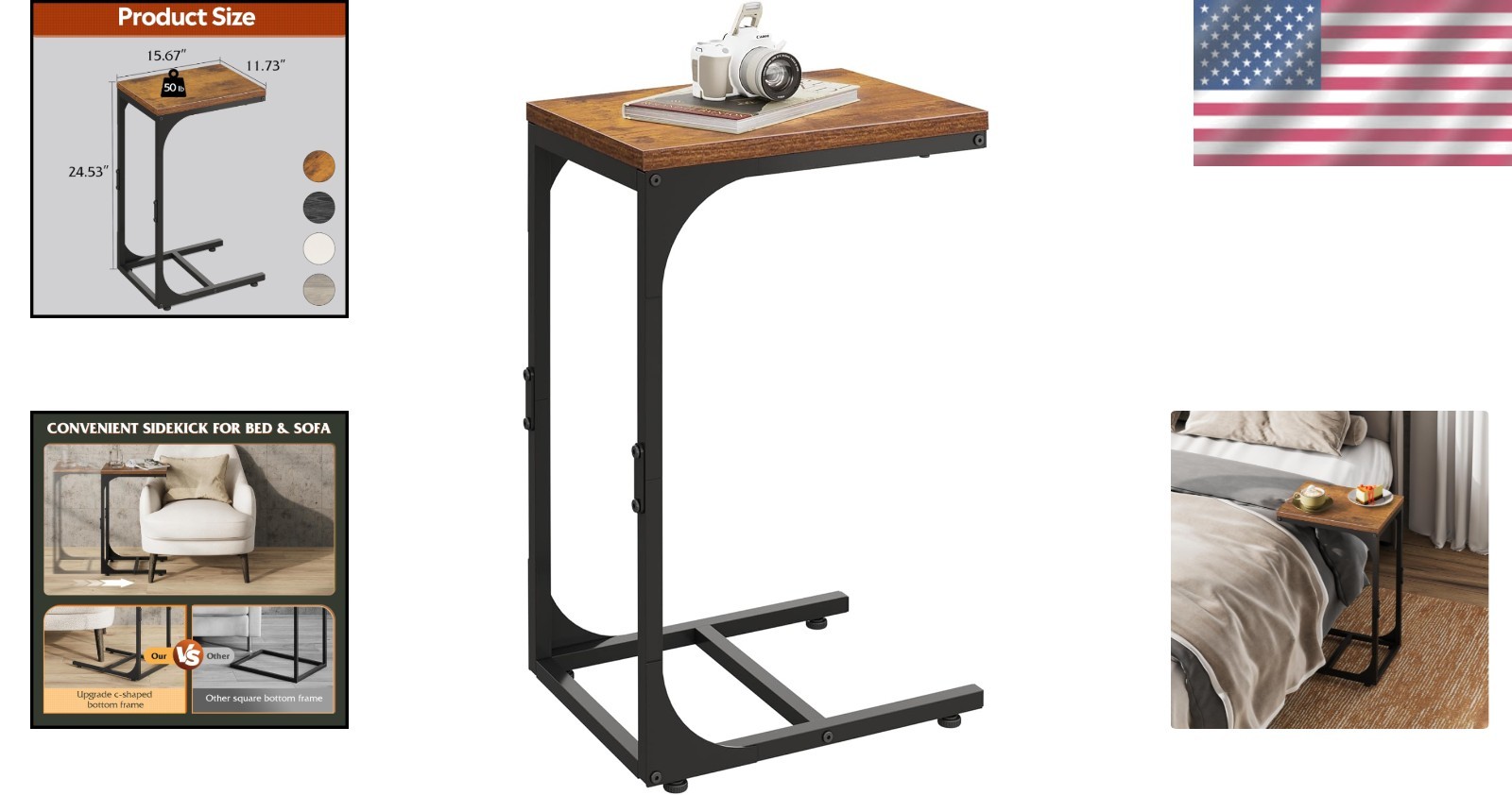 C Shaped End Table in Rustic Brown – Stylish Sofa Side Table for Any Room