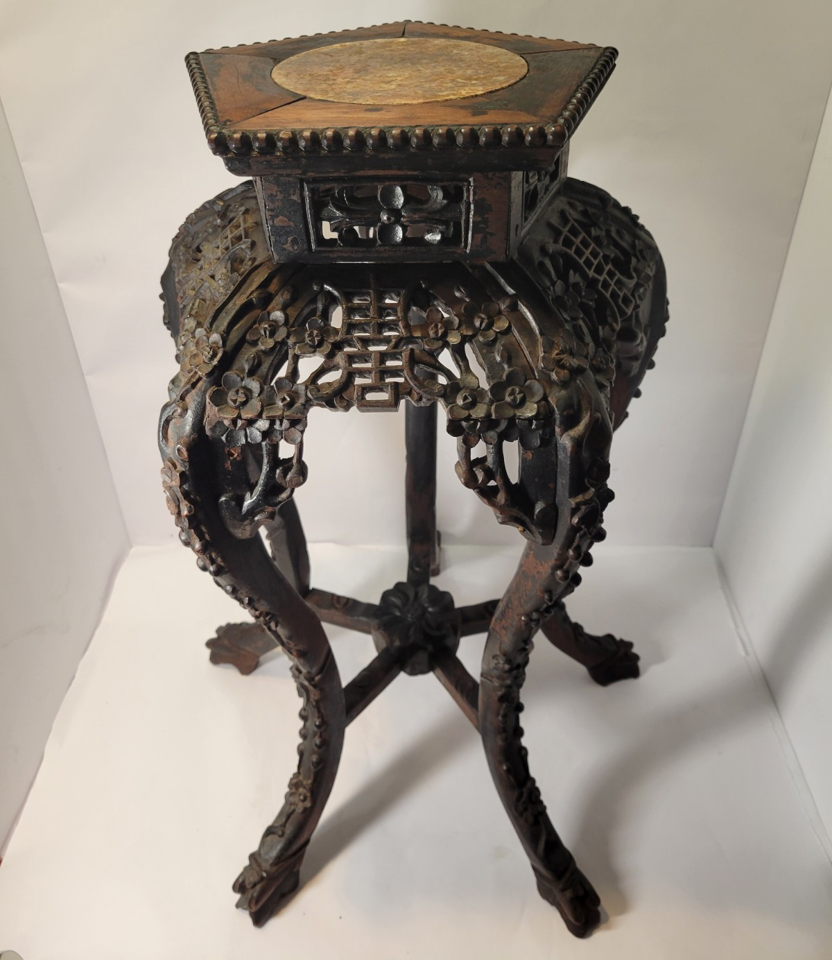 Dark Brown Wood Asian Carved Floral Hexagonal Pedestal Accent Table 14″ H