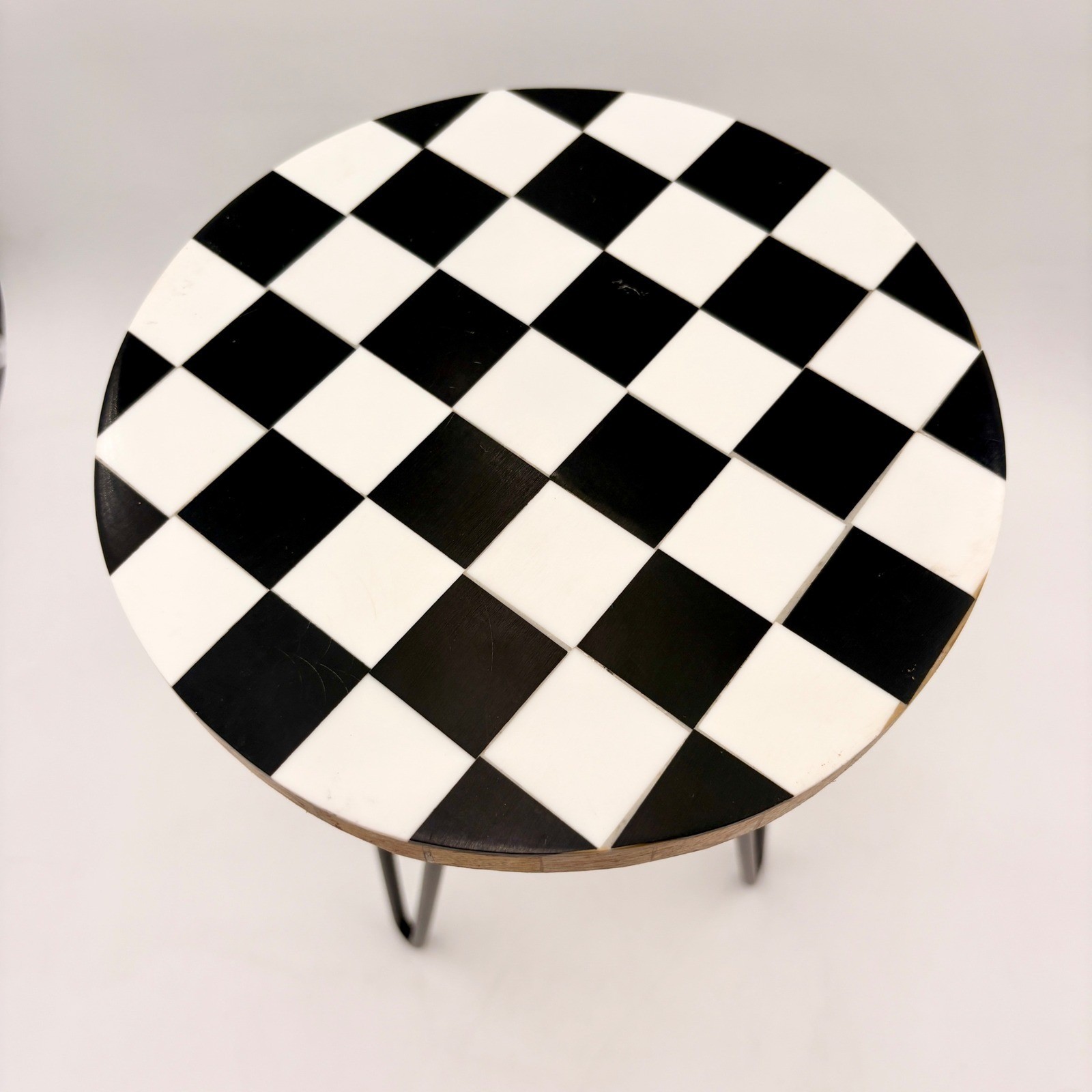 Handcrafted Checkered Bone Inlay Plant Stand Metal Hairpin Legs Courtly Check