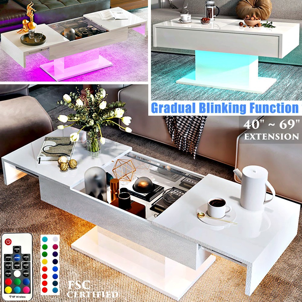 RGB LED MODERN COFFEE TABLE WITH HIDDEN STORAGE 69″ EXTENDABLE SLIDING TOP WHITE