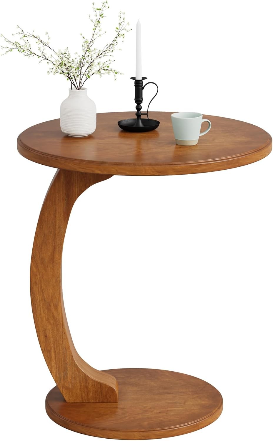 C-Shaped End Table, Wooden Round Side Sofa Table, Mid-Century Modern End Table