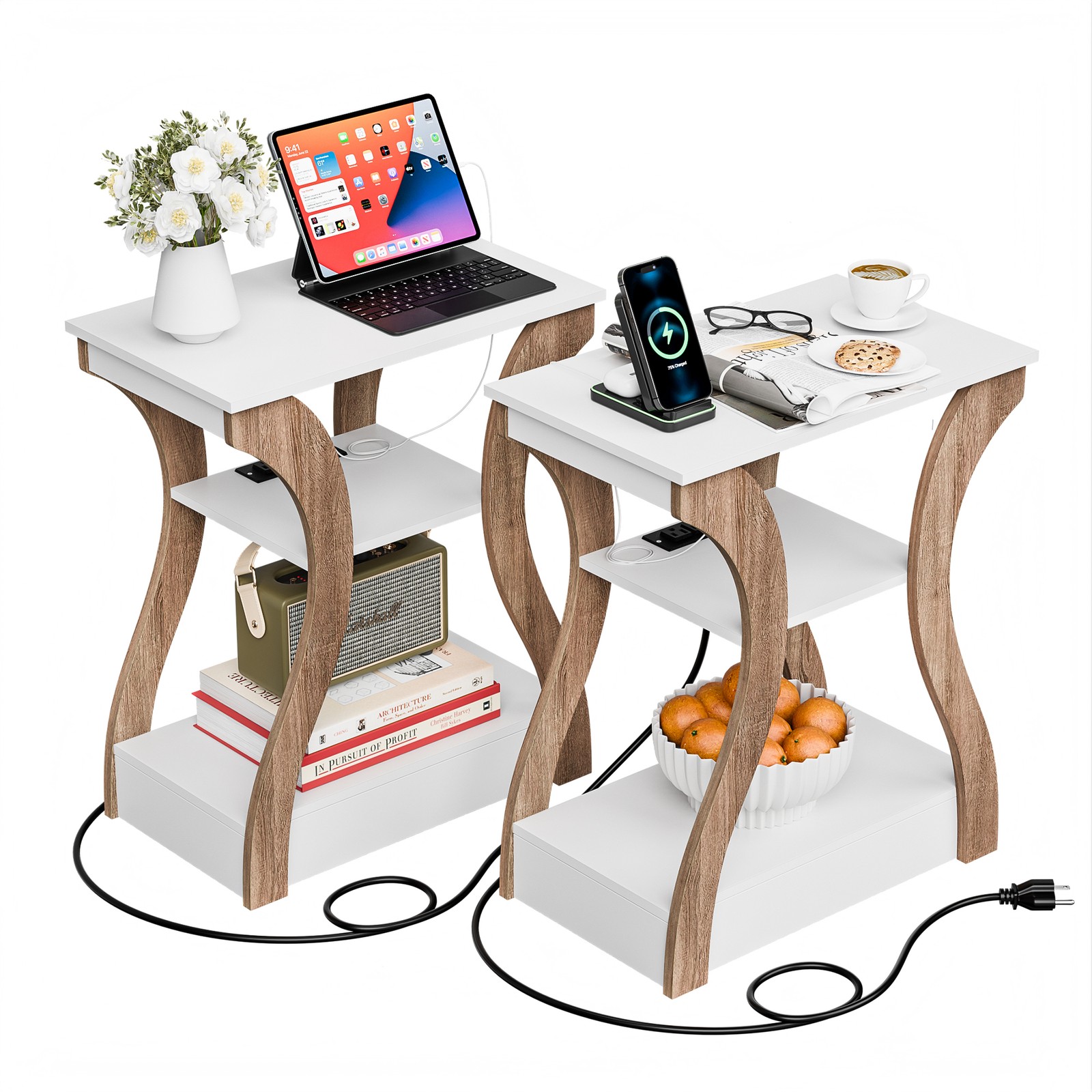 3 Tier End Table w/ USB Charging Station White Storage Shelf for Living Room 2X