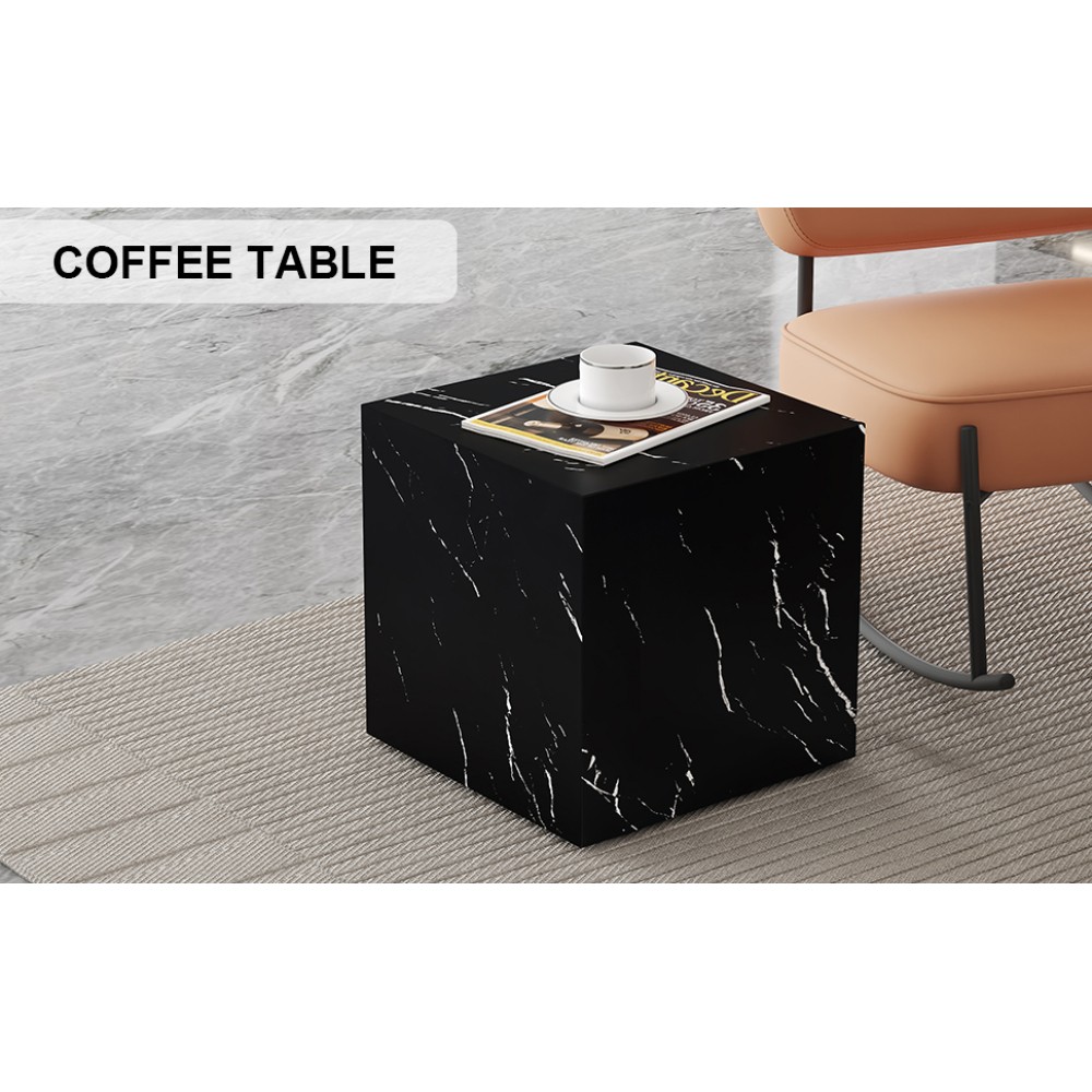 Modern Black Cube Coffee Table 15.7in, MDF Marble Texture End & Sofa Side Table