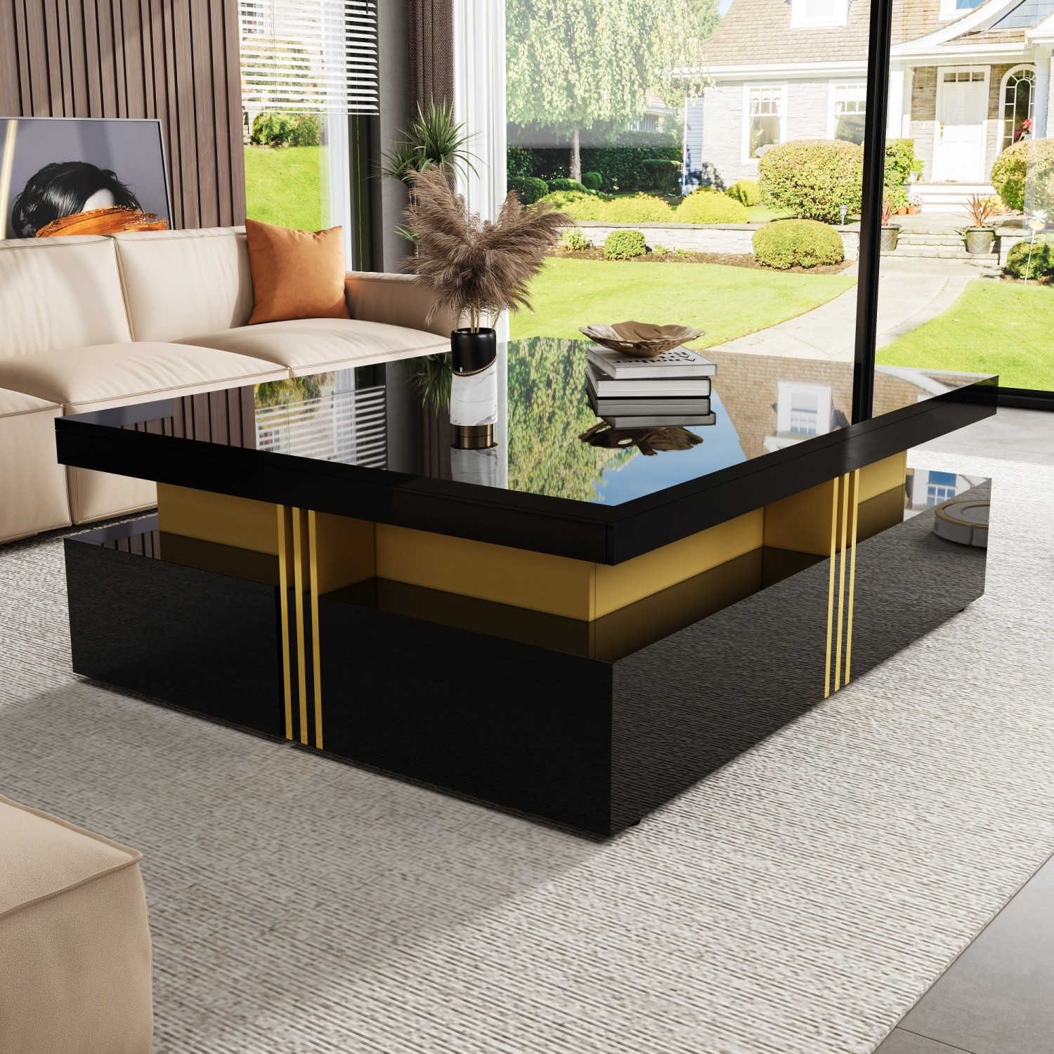 Modern Glossy Square Coffee Table End Table w/ 4 Storage Drawers for Living Room