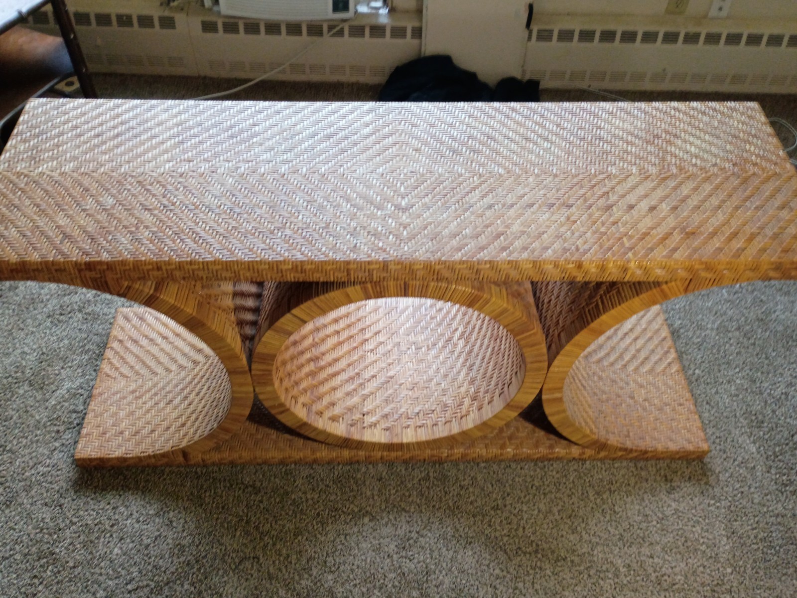 Brown Medium Wood Rectangular Coffee Table, Circular Base, Indoor Living Room