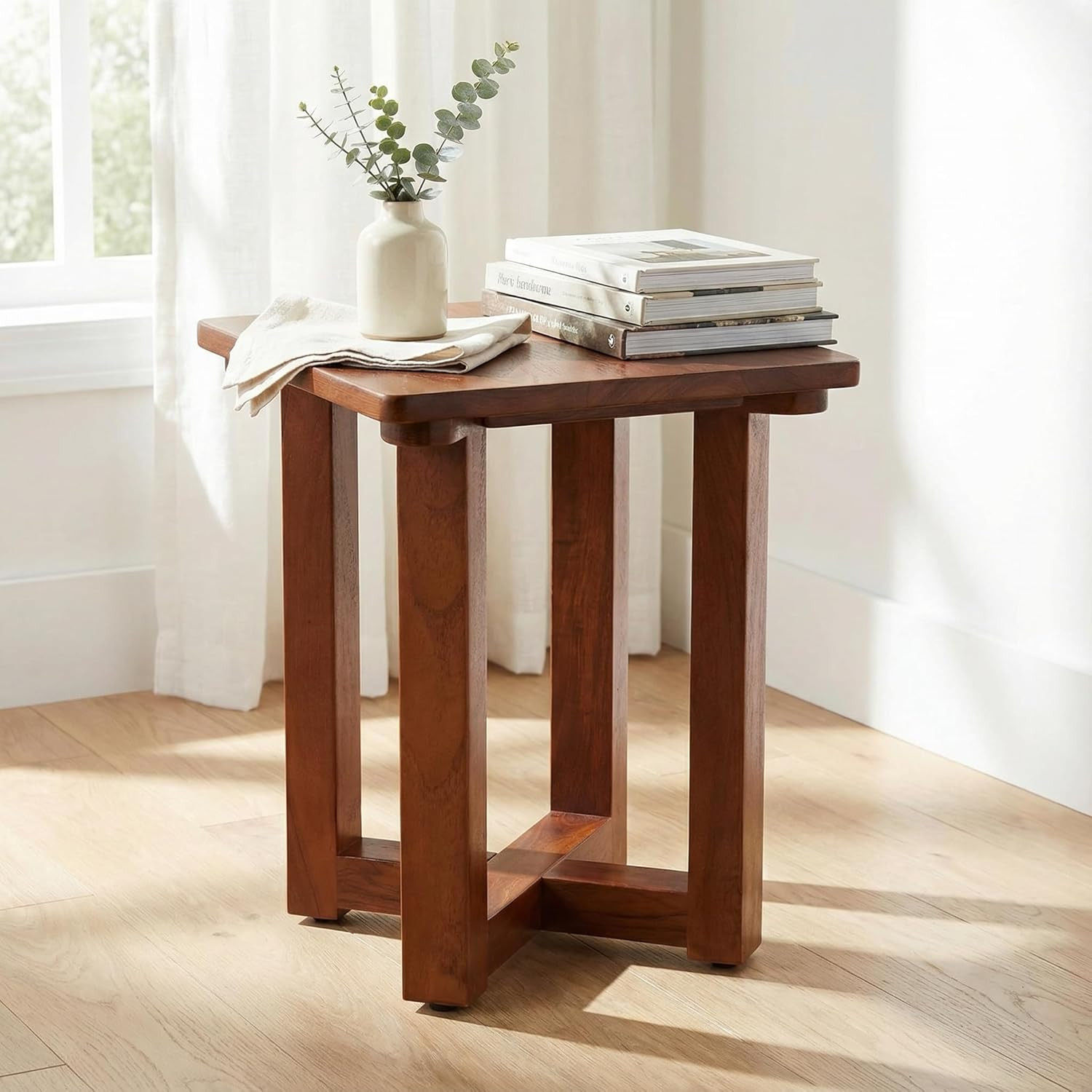 Solid Teak Wood Small End Table – Stylish Brown Accent for Any Room