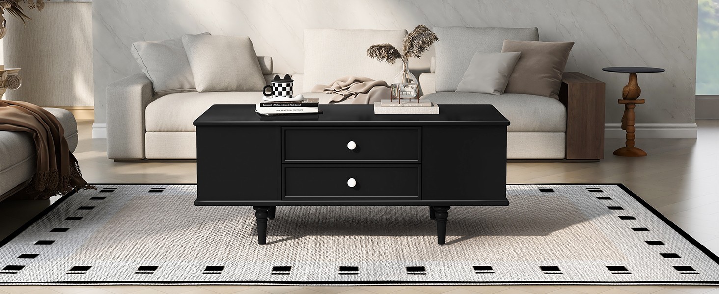 Modern Rectangle Coffee Table Center Table With Storage Drawers Solid Wood Legs