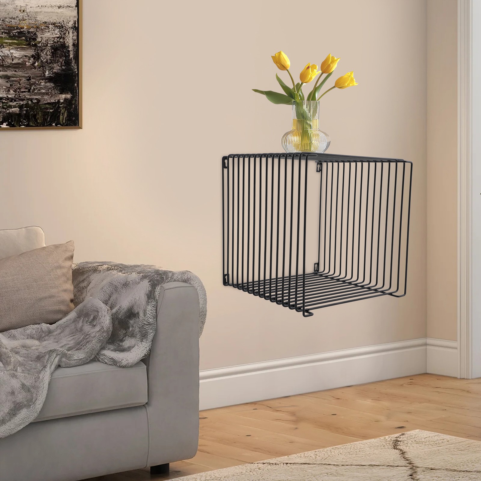 Black Square Side Table Wall or Floor Mount Geometric Retro Metal End Table