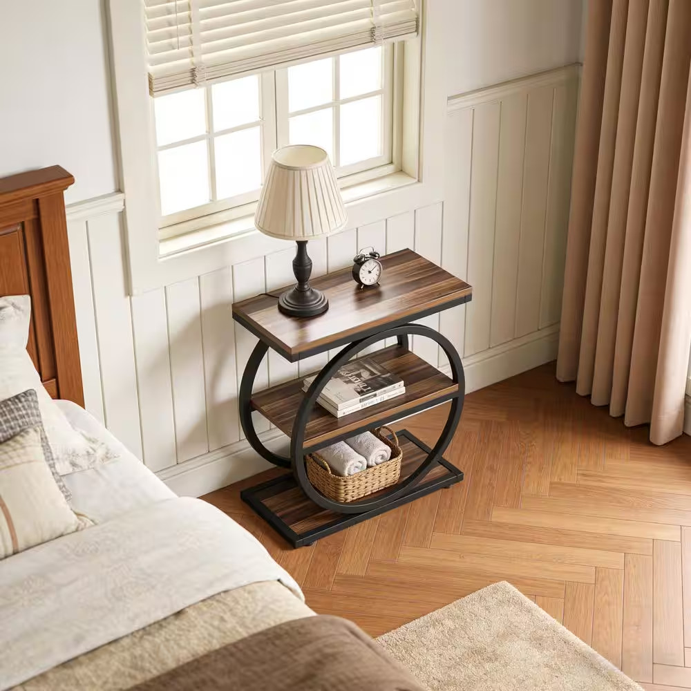 24 In. Dark Brown Rectangle Wood End Table with 3 Tiers Storage Shelves and Adju