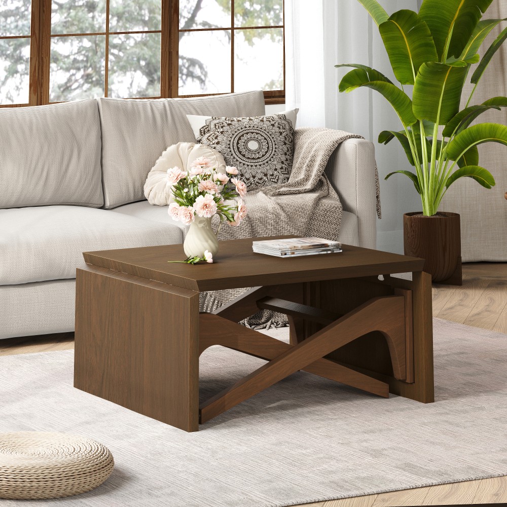 2-in-1 Natural Wood Coffee Table, Transformer to Dining Table, Height Adjustable