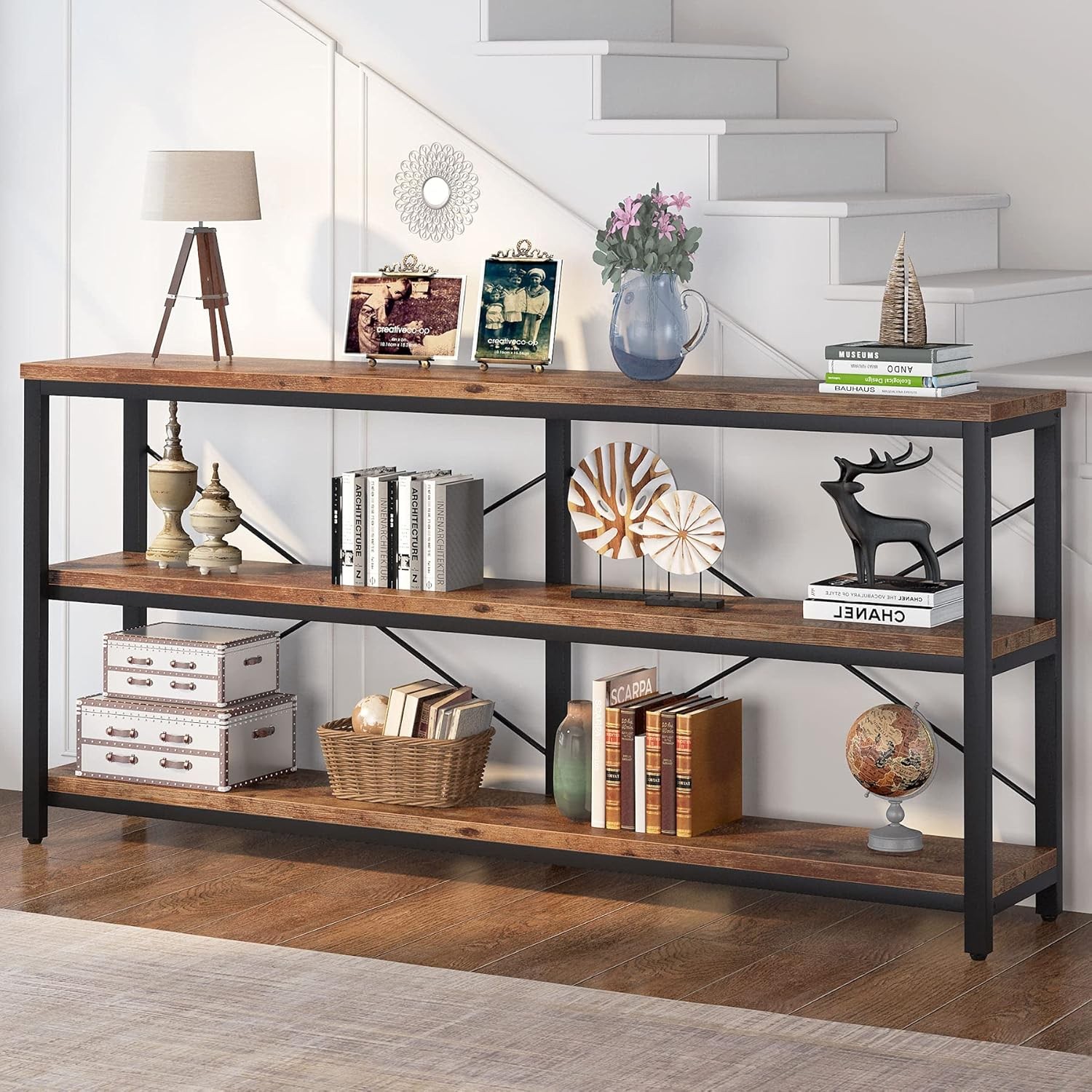 70.9″ Extra Long Console Table, 3-Tier Industrial Sofa Table with Metal Frame