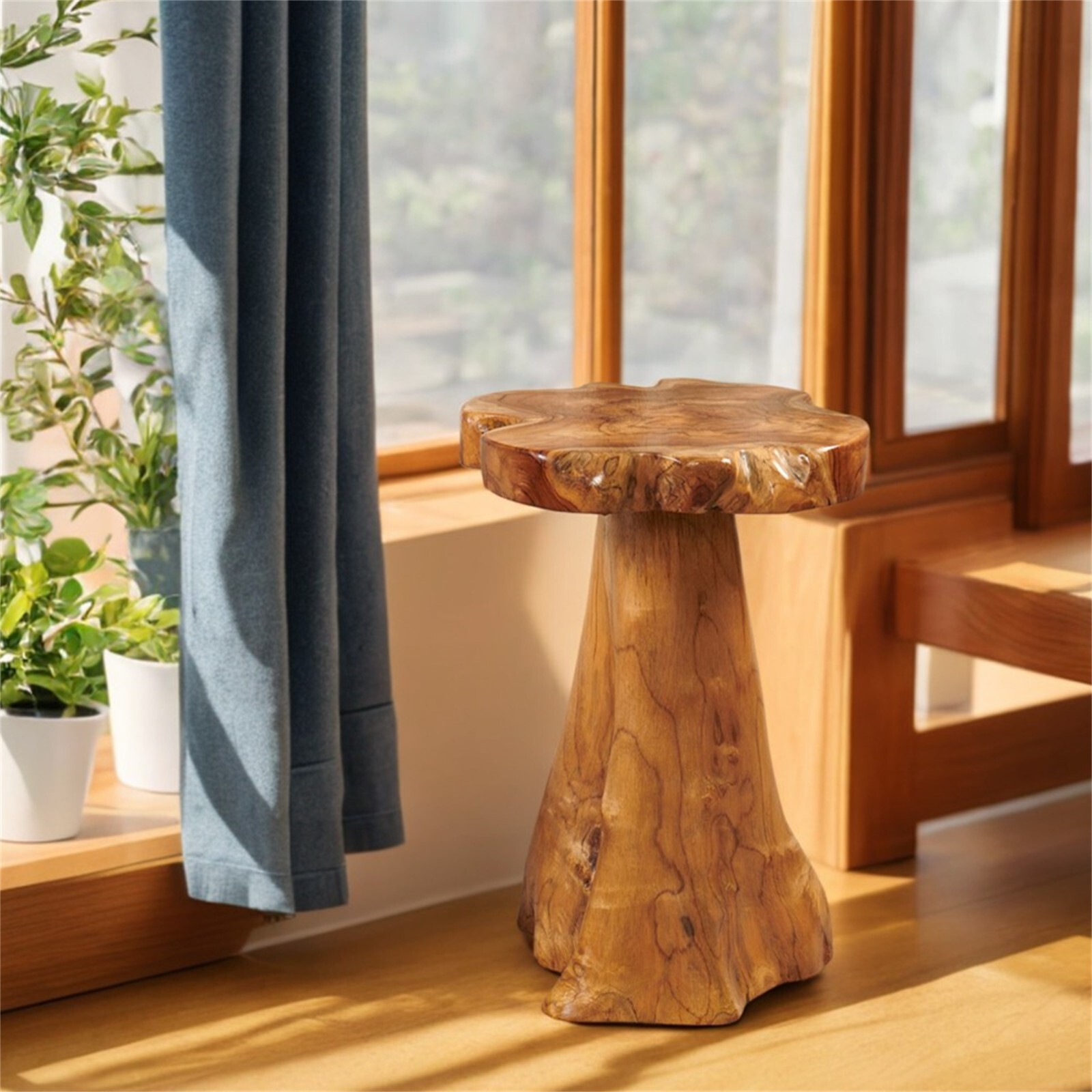 Rustic Teak Tree Stump Table – Live Edge Side Table or Stool, Natural Wood, Gift