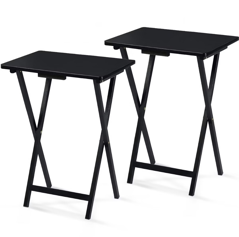 PJ Wood Folding TV Tray, Collapsible Portable Snack Tables, Black, 2 Piece Set