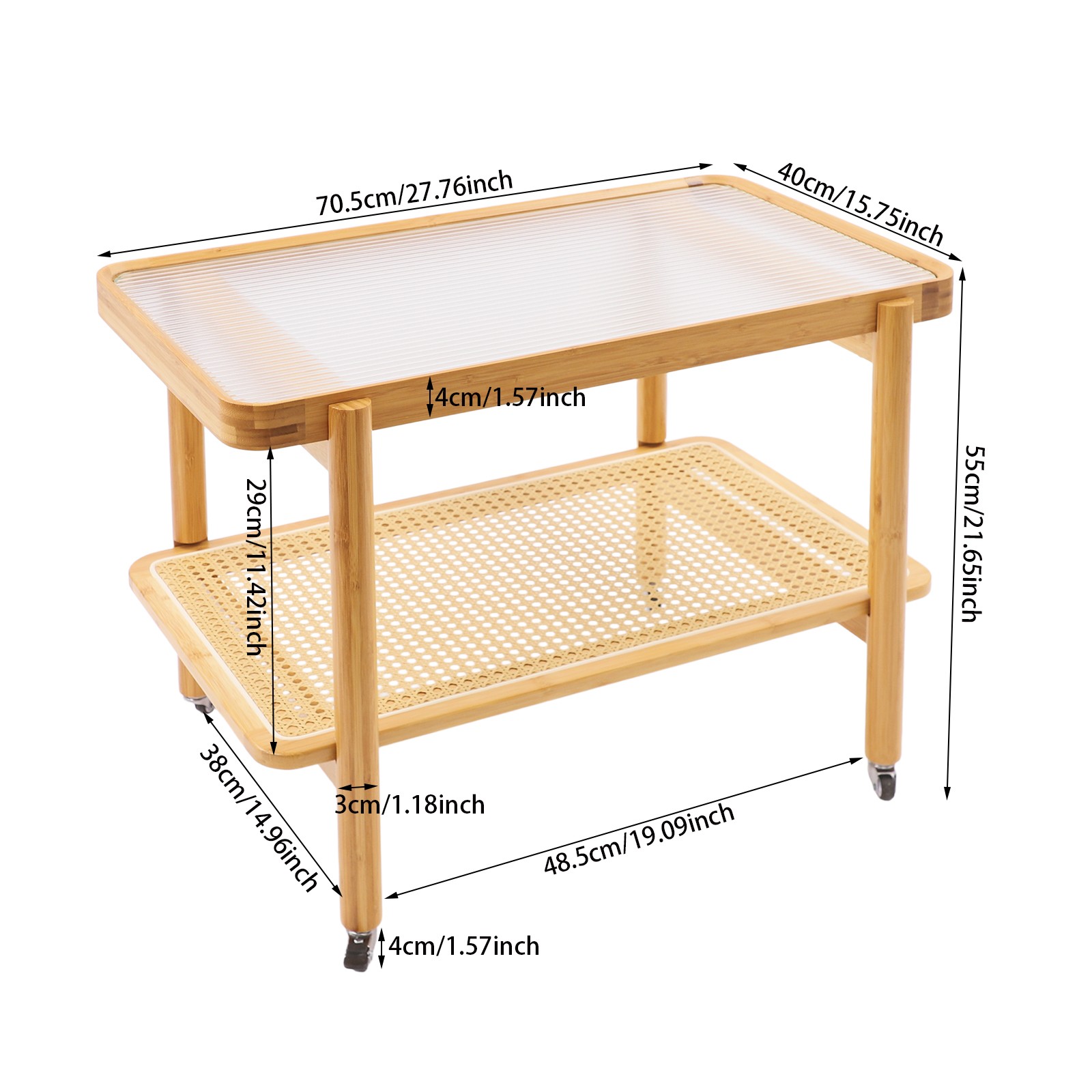 Side Table Nature Rattan Glass End Table 2-Tier with Storage Bamboo Table