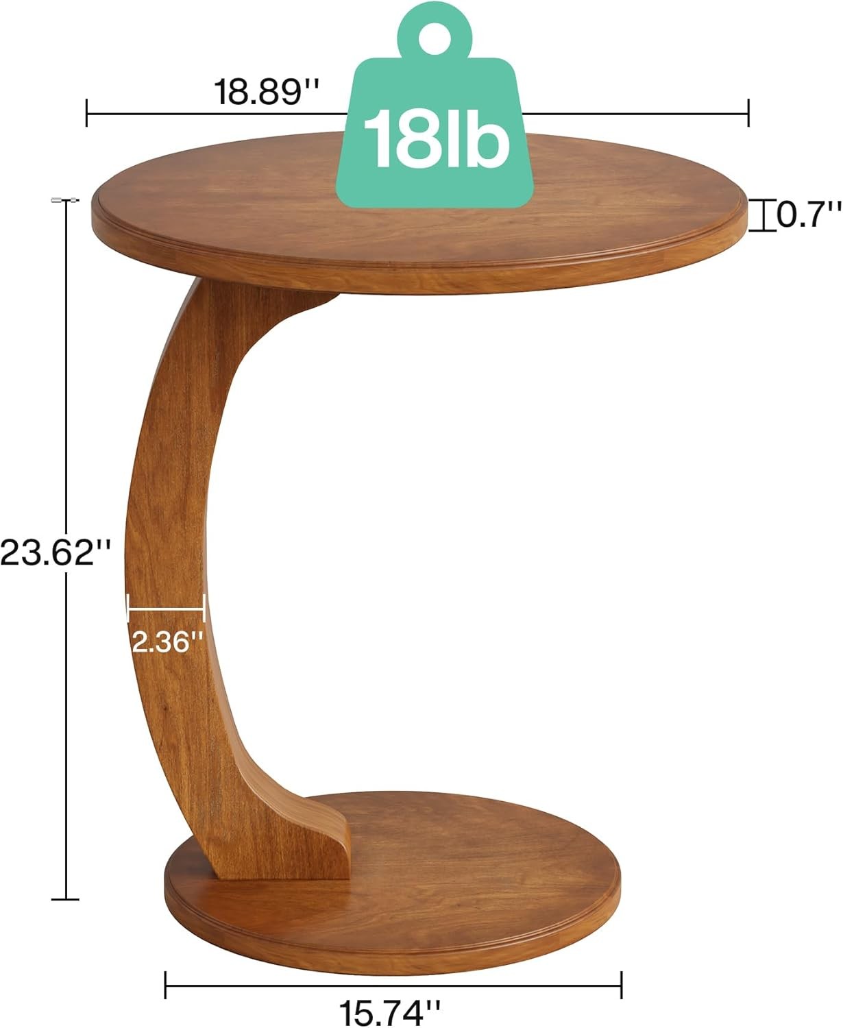 C-Shaped End Table, Wooden Round Side Sofa Table, Mid-Century Modern End Table