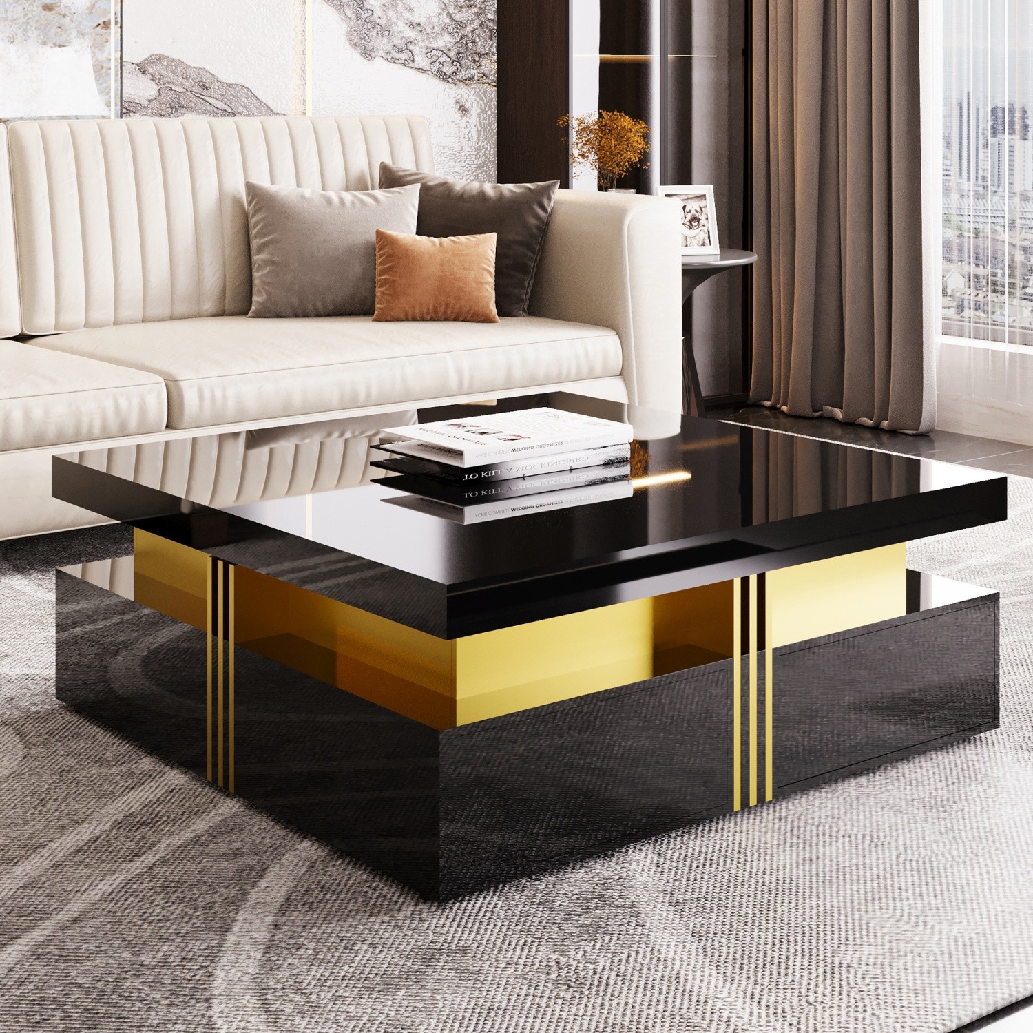 Modern Glossy Square Coffee Table End Table w/ 4 Storage Drawers for Living Room