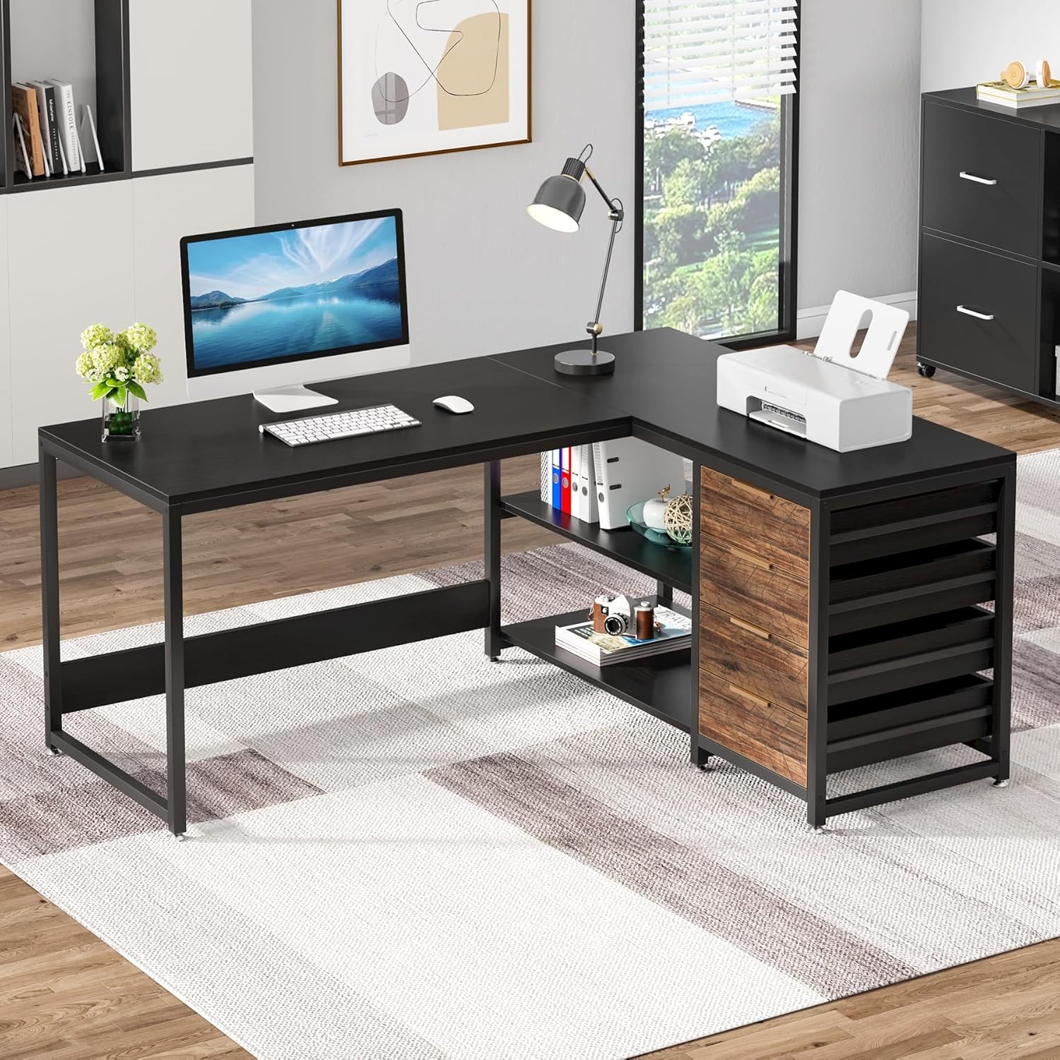 L Shaped Desk with 4 Drawers and 2 Storage Shelves, Reversible Computer Desk