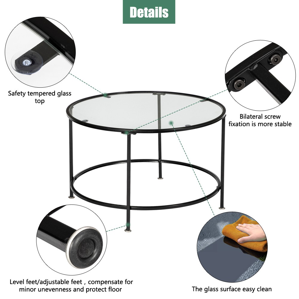 2 Layers 5mm Thick Tempered Glass Countertops Round Wrought Iron Coffee Table