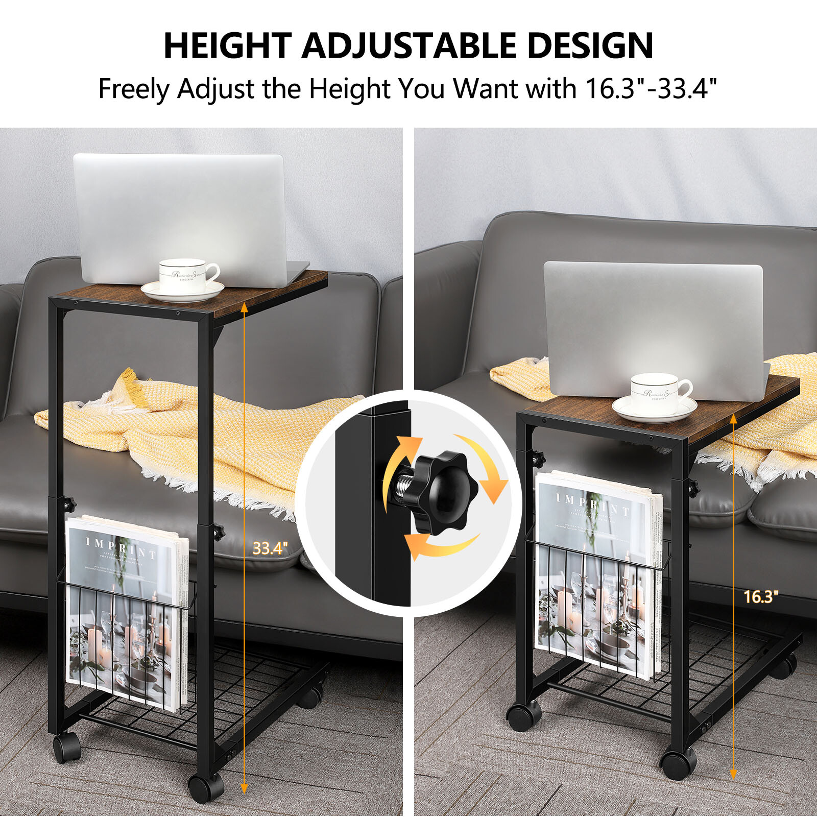 C Shaped Side Table Height Adjustable Sofa End Table Laptop Table Wheels Bedroom