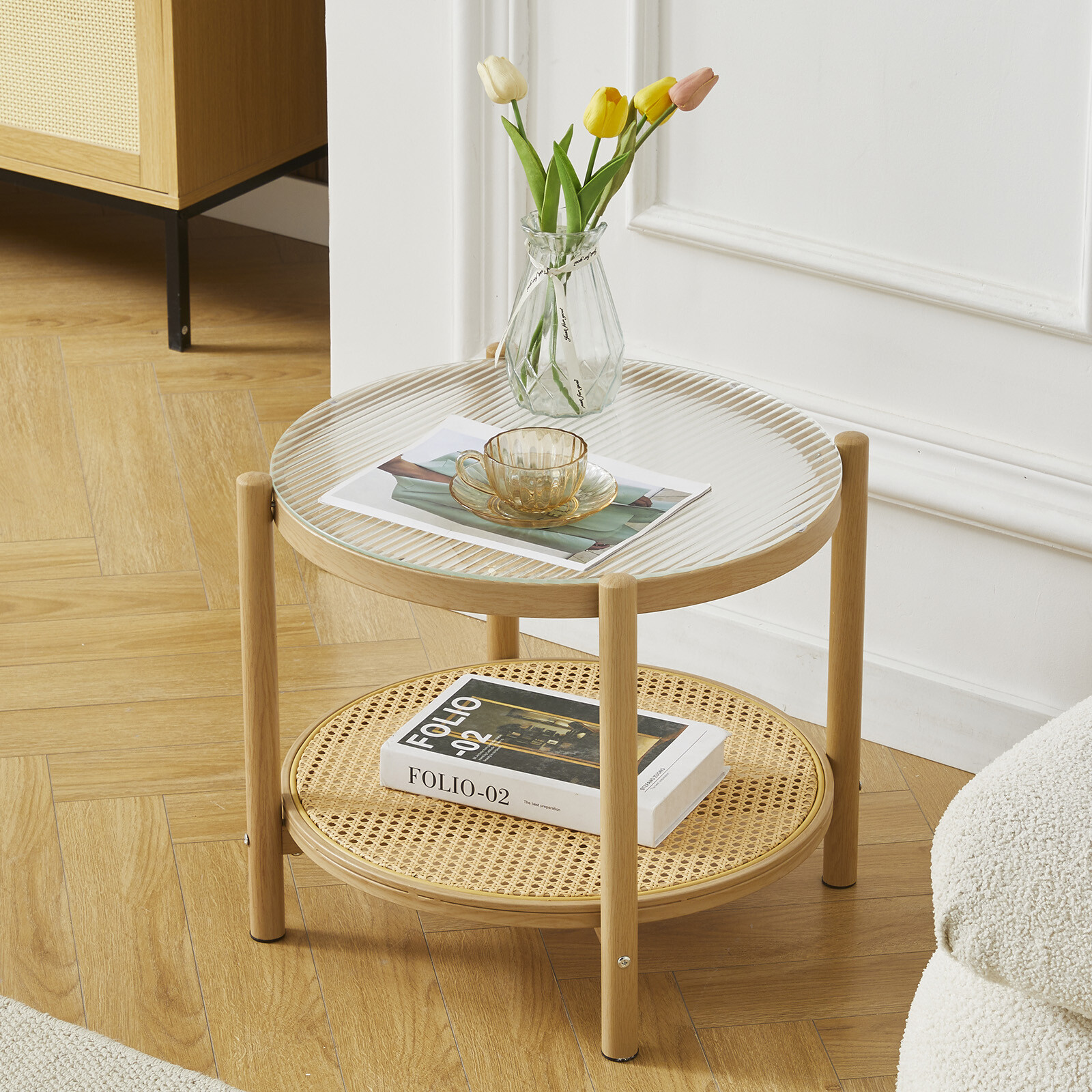 Modern Round Rattan Glass Metal Coffee Table Small 2-Tier End Table Living Room