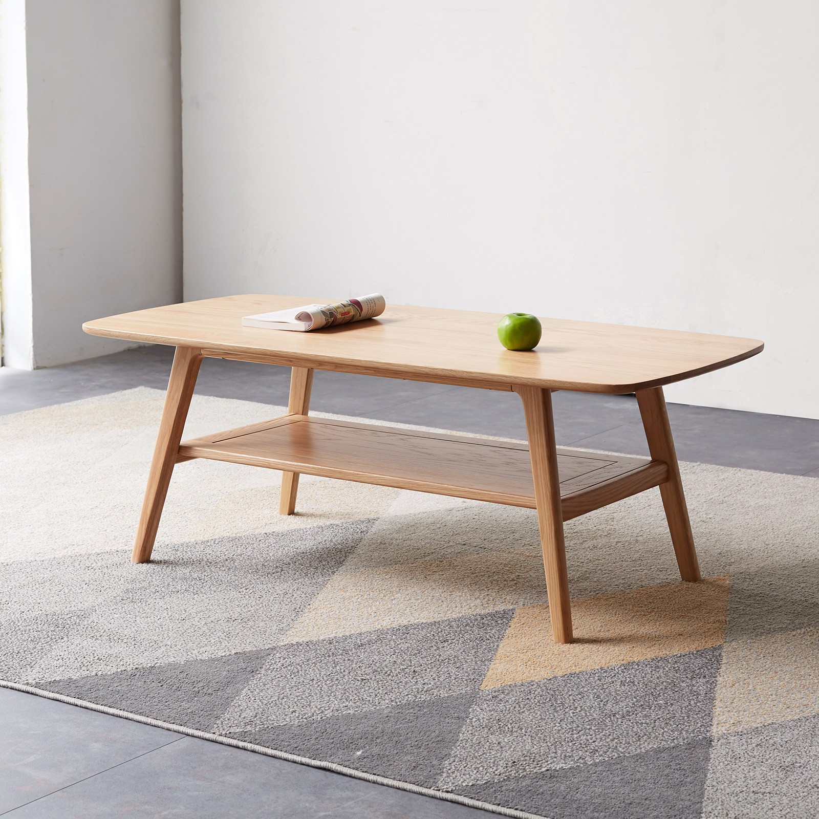 Solid Wood Coffee Table 2-Tier Coffee Table With Storage Shelf Natural Color