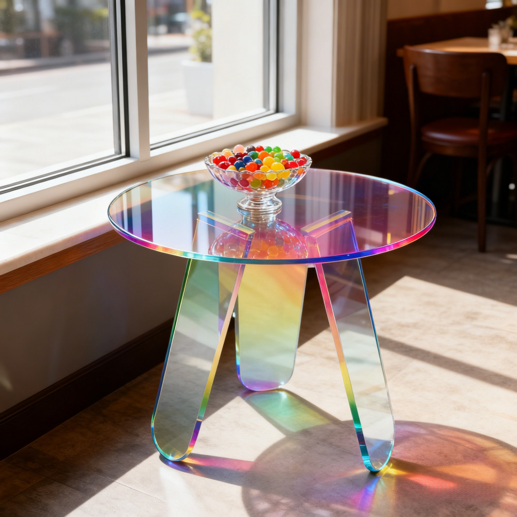 Acrylic End Table with PVC Table Cover Round Iridescent Rainbow Sofa Side Table