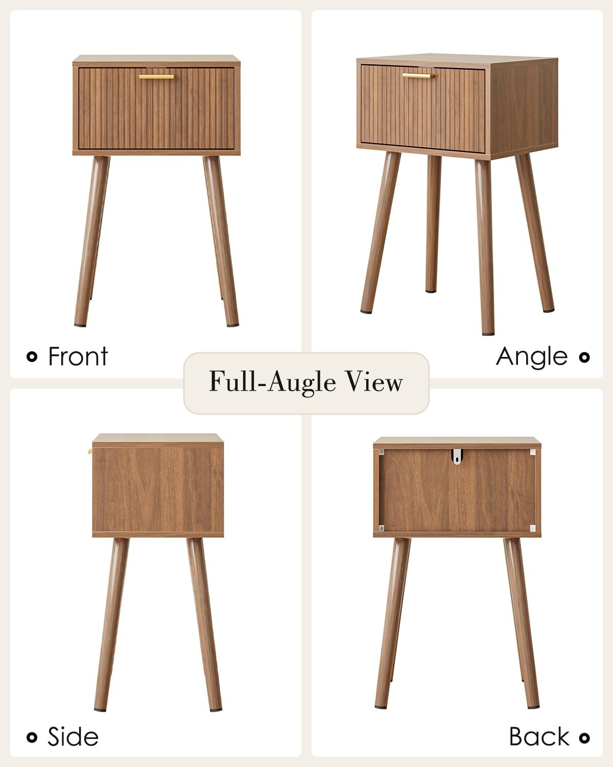 Night Stand Set 2, Walnut Nightstand with Fluted Doors, Small Modern MidCentu…