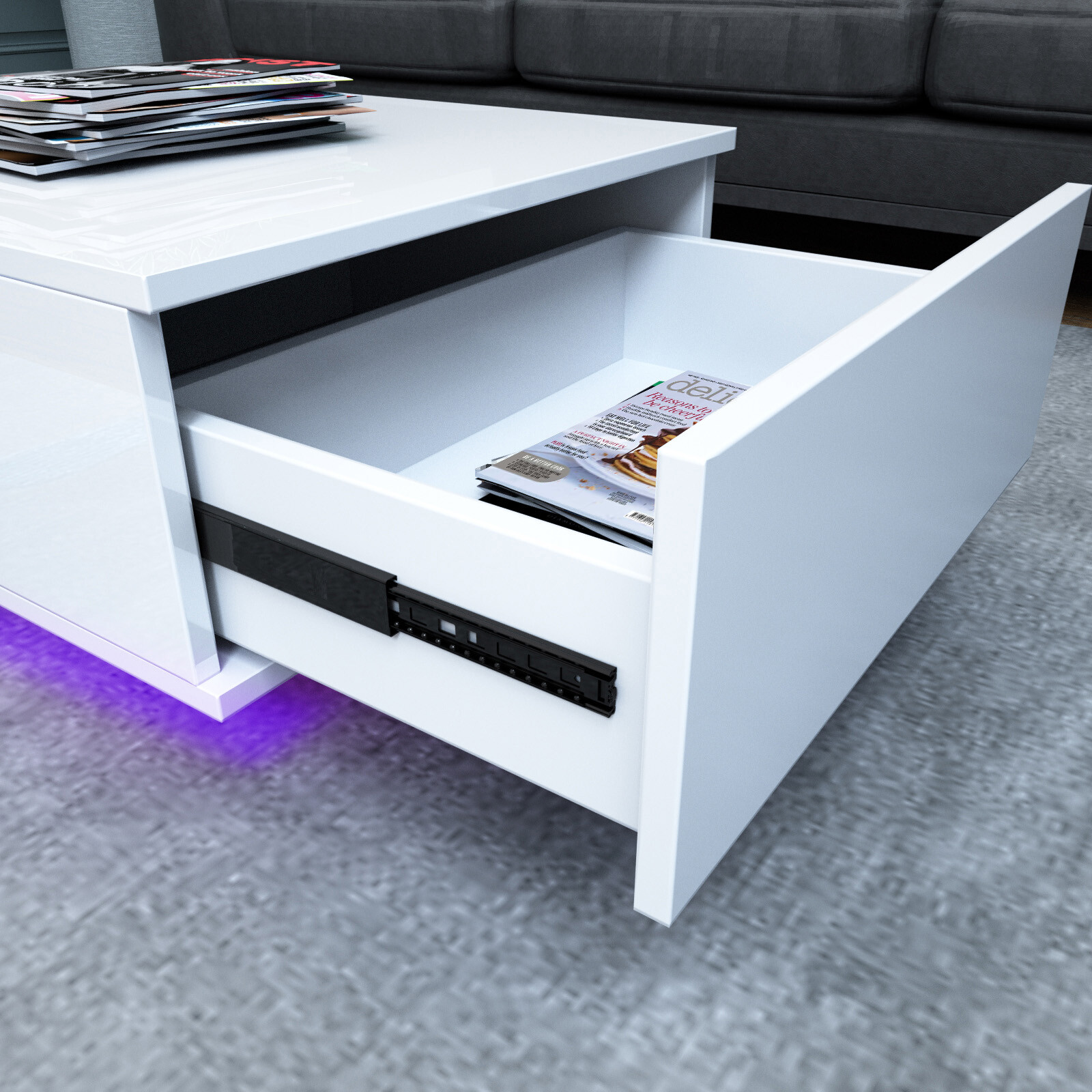 New Super Large 43″ High Gloss Side Coffee Table w/LED+Drawer Living Room White