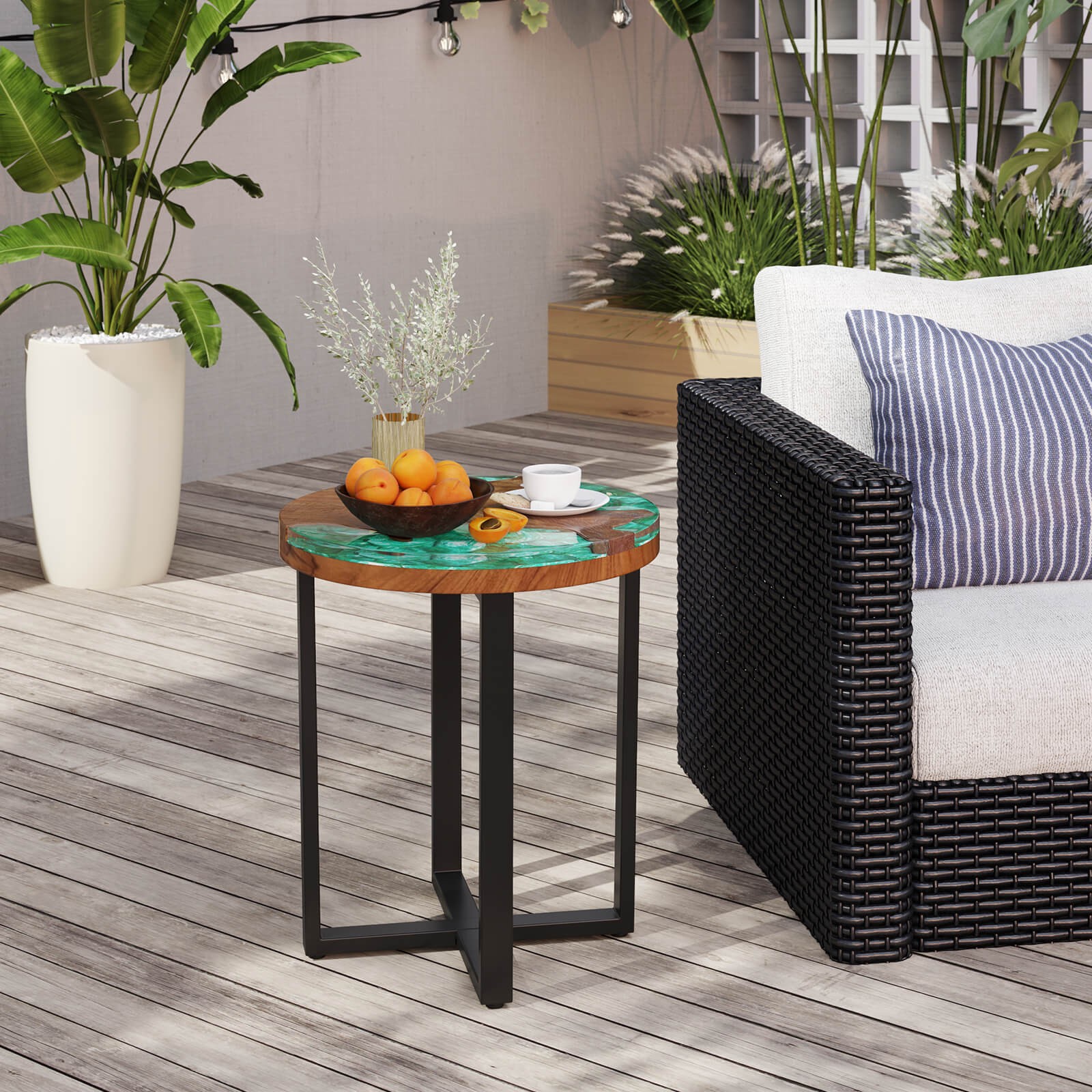20″ Round Teak Wood End Table Solid Live Edge Outdoor Side Table w/Mahogany Base