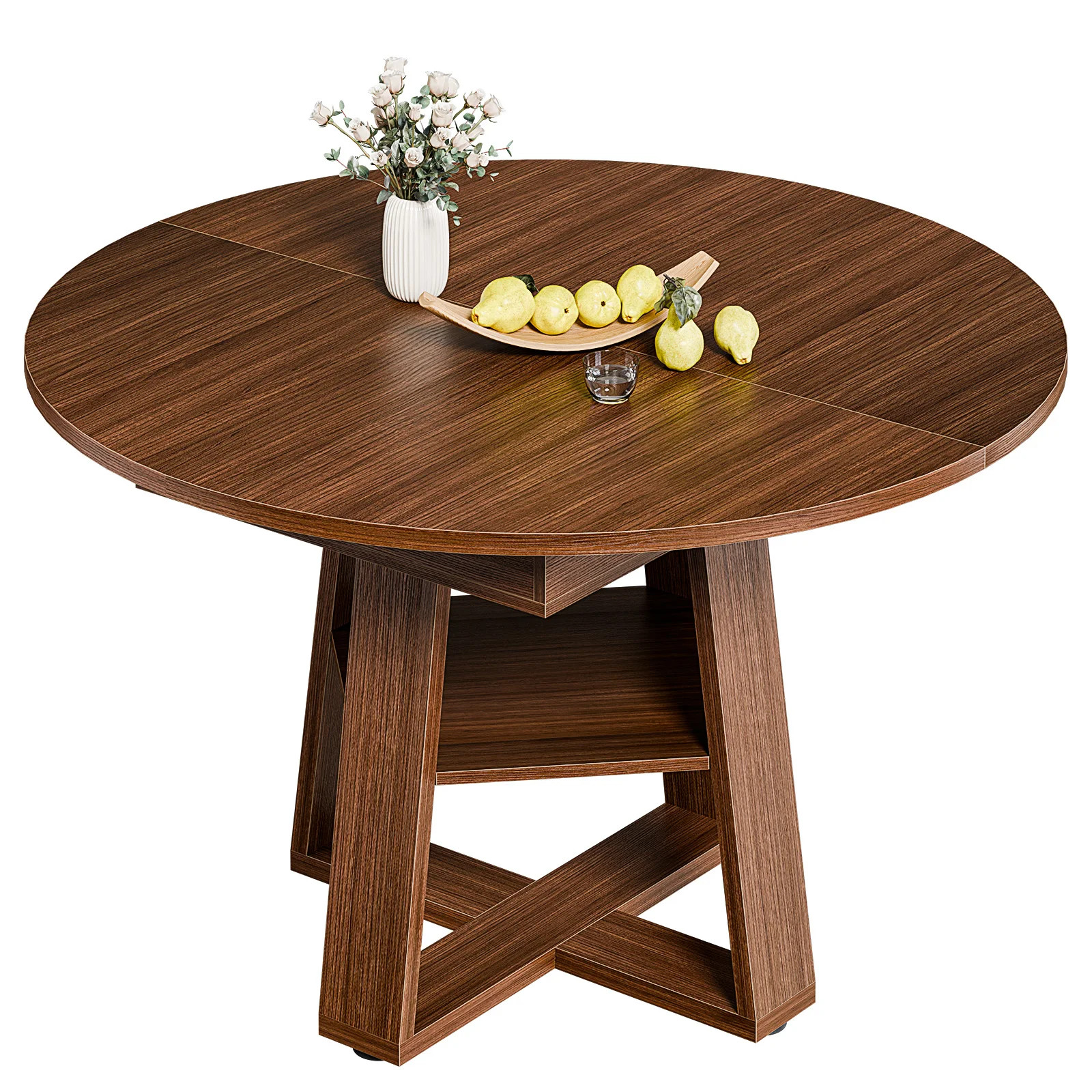 Extendable Round Dining Table Oval Kitchen Table w/Storage Shelf Pedestal Base