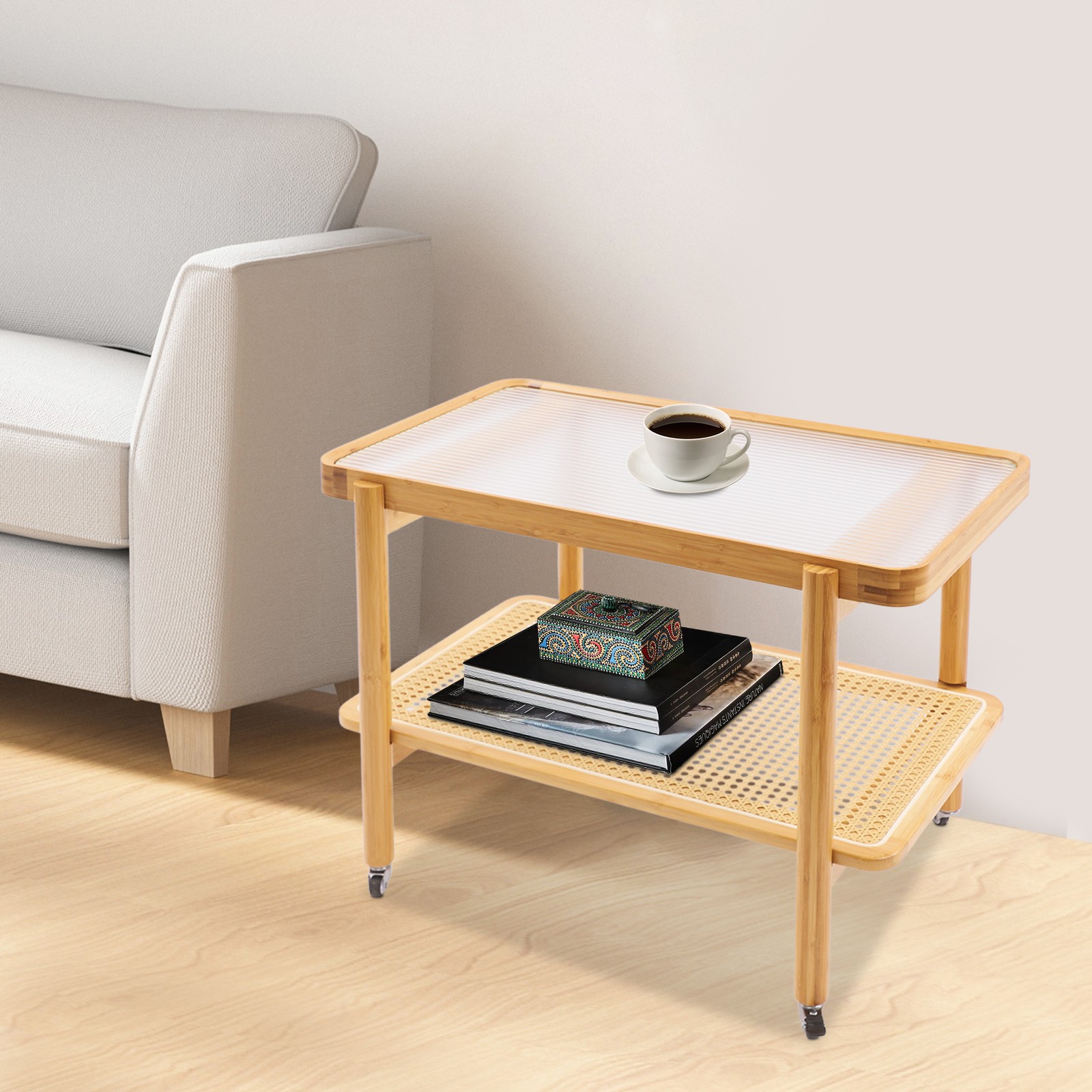 Side Table Nature Rattan Glass End Table 2-Tier with Storage Bamboo Table