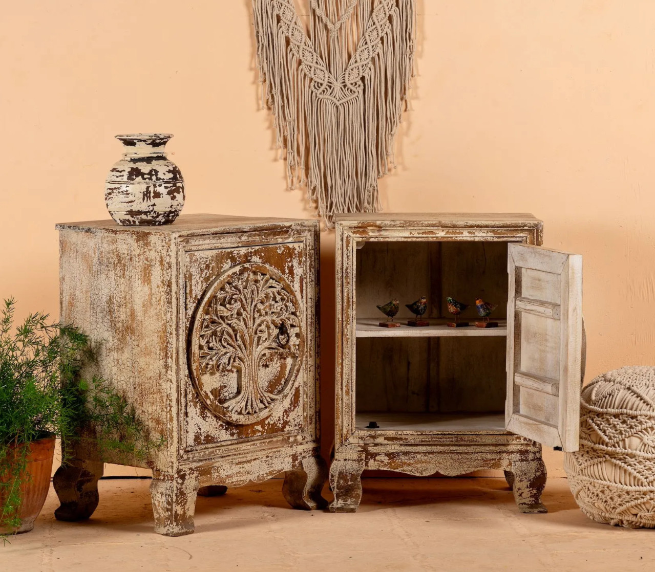 Artisan Handmade Bedside Table Solid Wood Hand Carved 19.7 × 15.7 × 27.6 inches