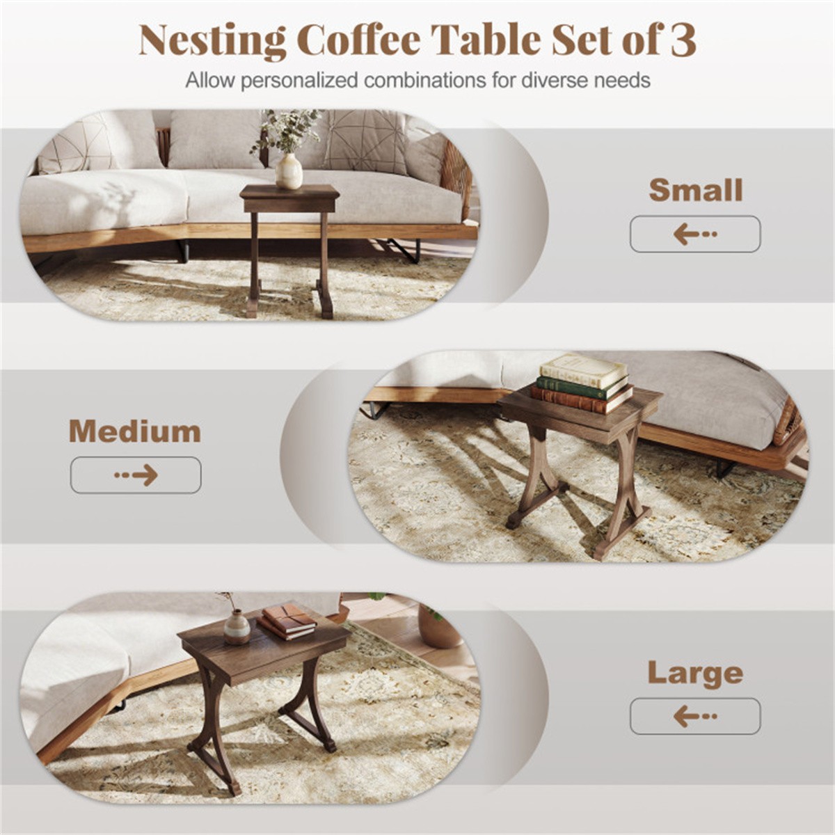3Piece Nesting Coffee Table Set Space-Saving with Vintage Wood-Like Finish