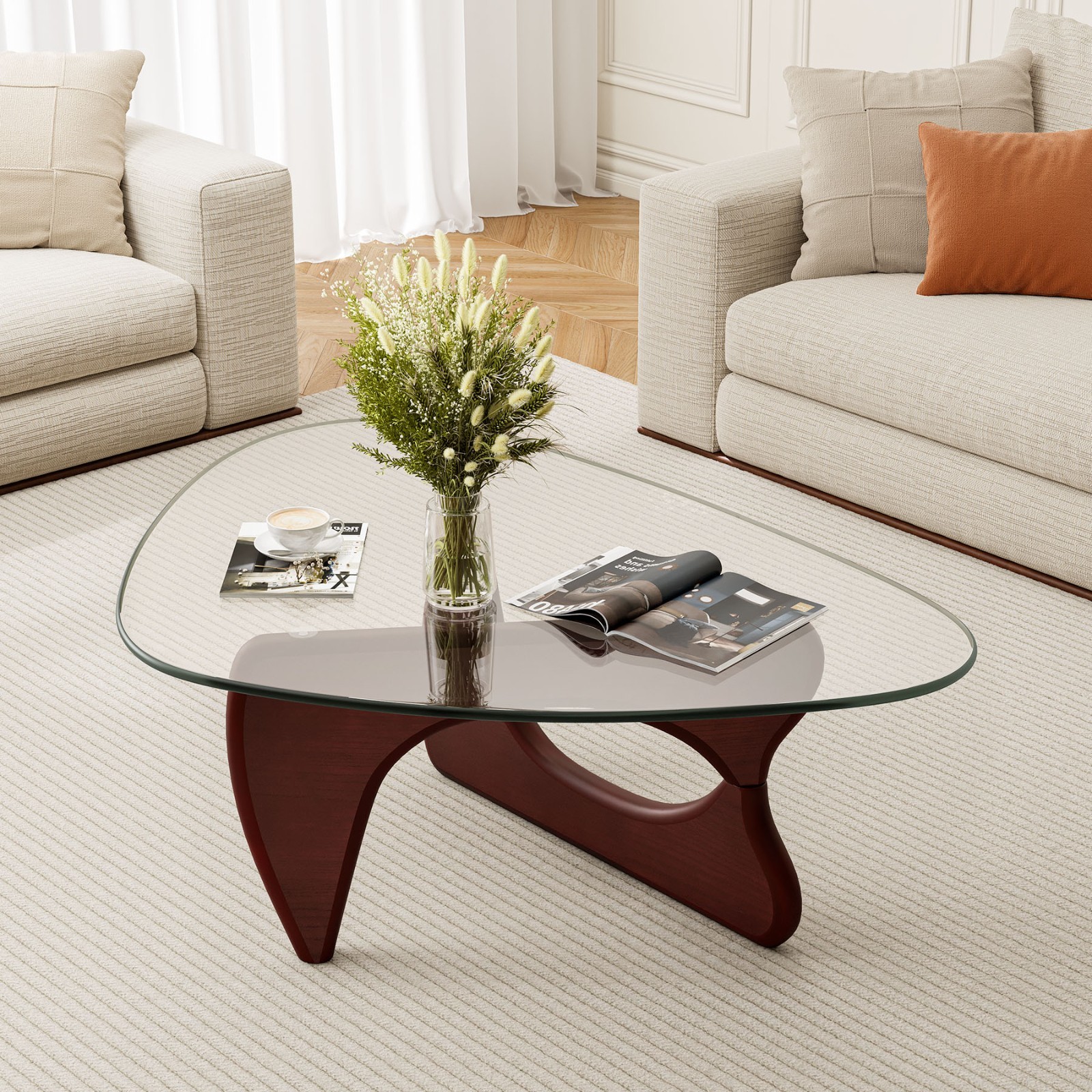 Open Box Noguchi Style Coffee Table in Walnut 8mm Triangle Glass Solid Wood Base
