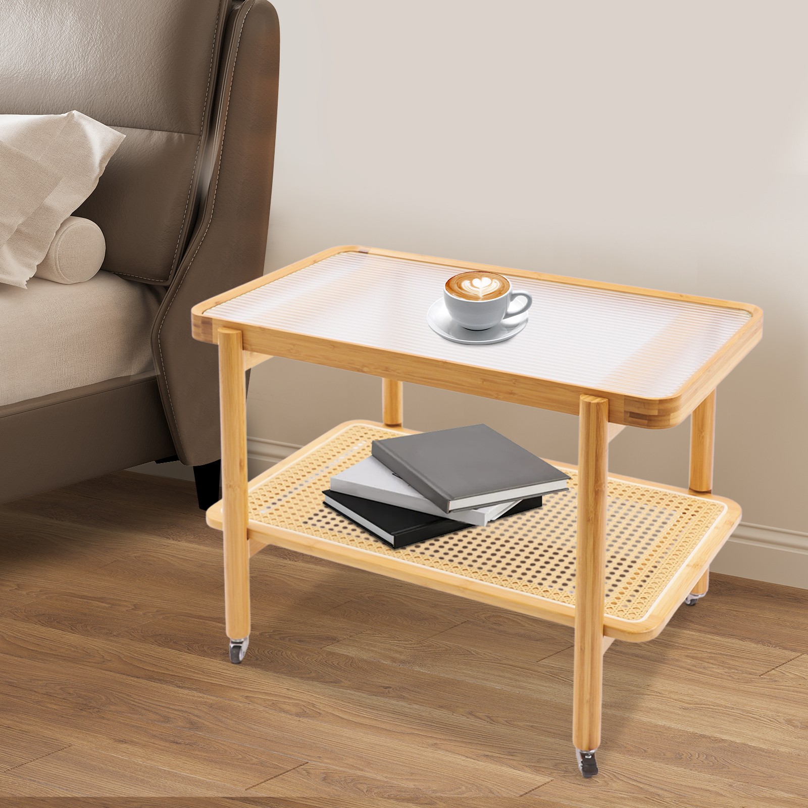 Side Table Nature Rattan Glass End Table 2-Tier with Storage Bamboo Table