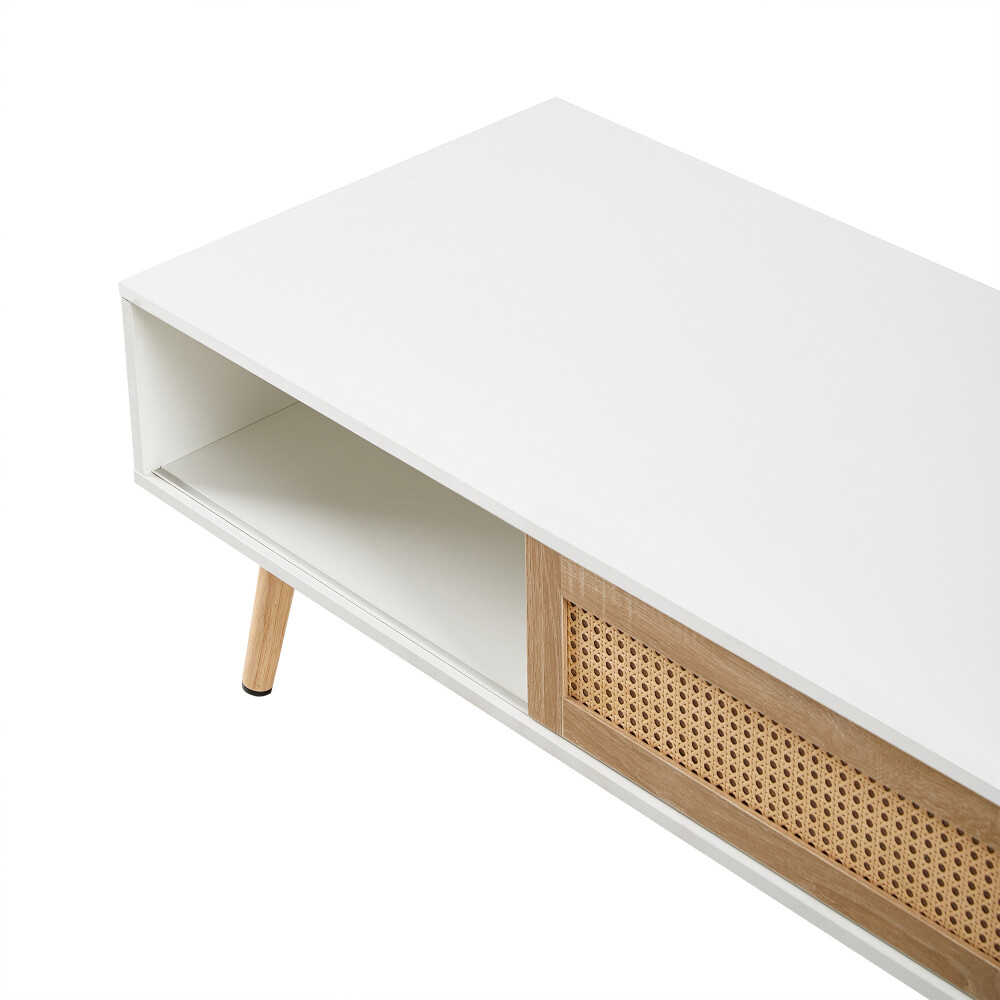 White Rattan Coffee Table with Sliding Doors – Perfect for Living Room