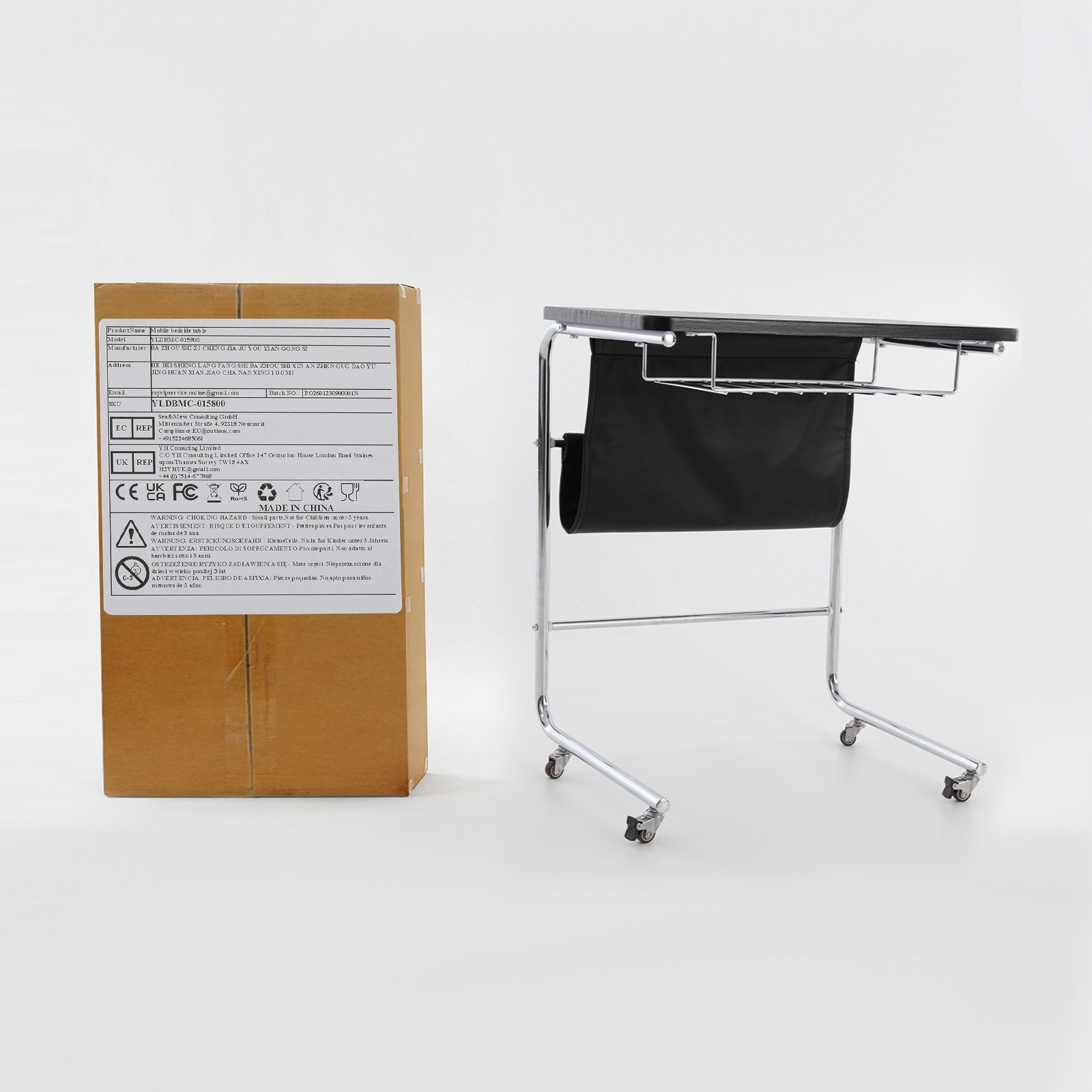 Sofa Side Table,Black C-Shaped End Table with Universal Wheels,cafes End Table