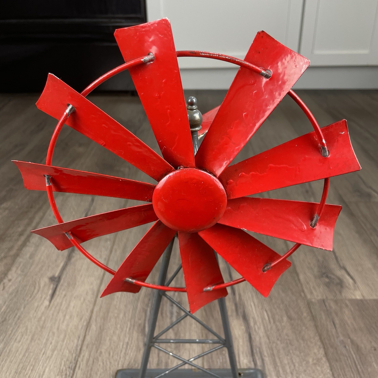 Vintage Small Metal Red Table Top Windmill Tower 8.5” Blade About 16” Tall