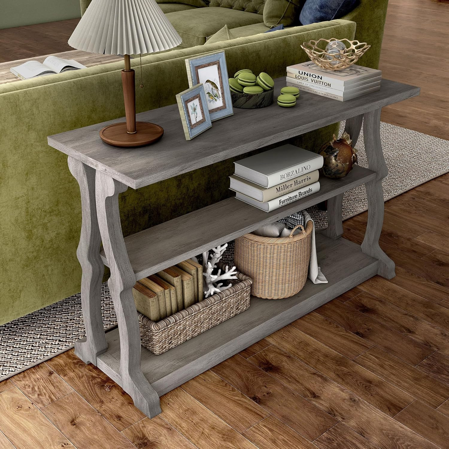 Vintage Gray Oak 48″ Wood Console Table with 2 Open Shelves for Any Room