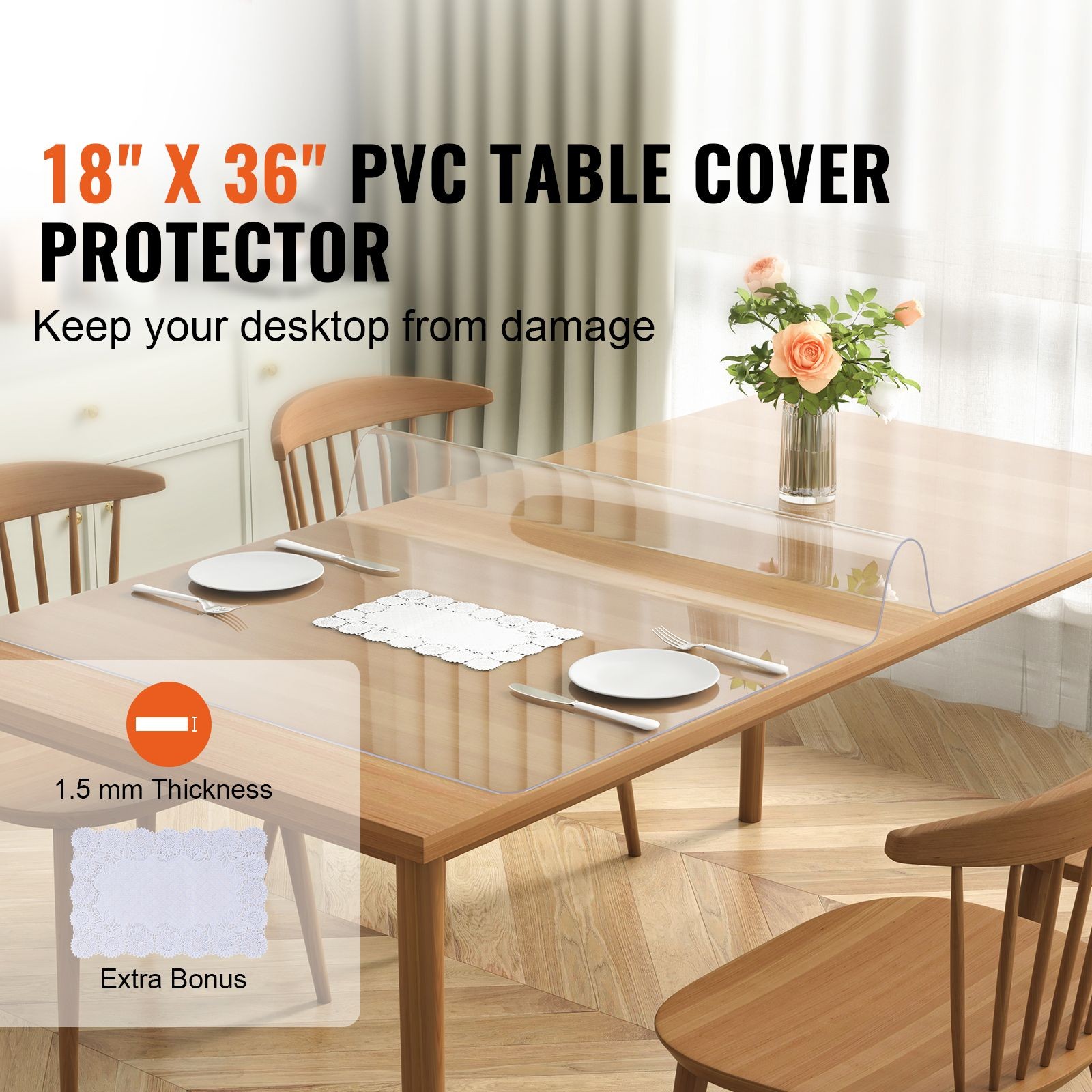 Clear Table Cover Protector, 18″ x 36″ Rectangle Table Cover, 1.5 mm Thick PVC