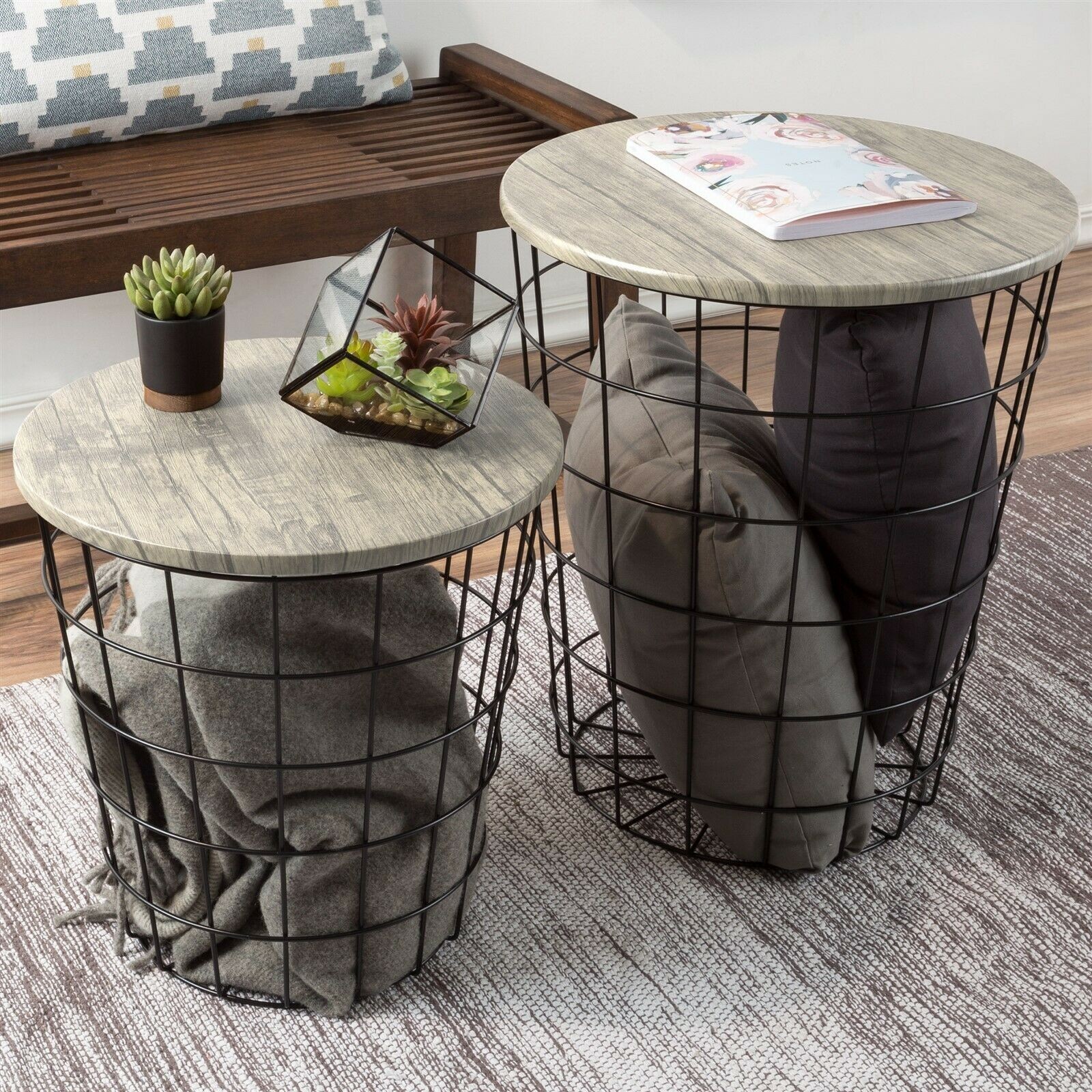 Nesting End Tables Metal Basket MDF Vaneer Top Storage Furniture Accent Decor