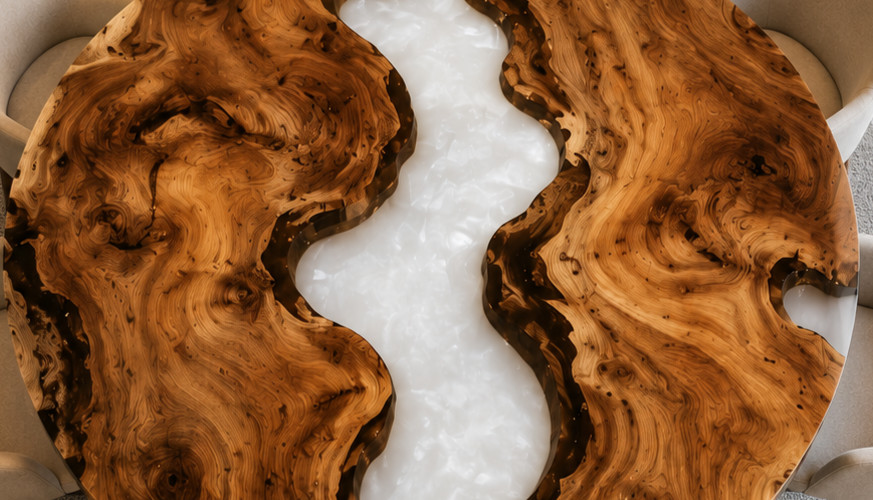 White Epoxy Resin Corner Tabletop Live Edge Wood Luxury Custom Furniture Decor
